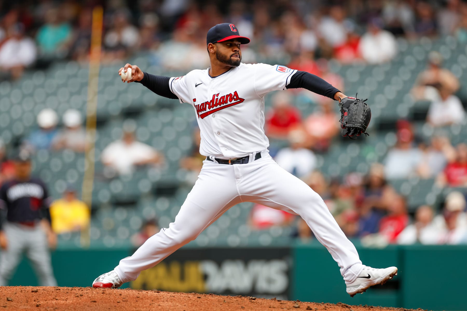 CLEVELAND, OHIO - SEPTEMBER 6: Reynaldo Lopez #40 of the Cleveland Guardians throws a pitch during the seventh inning against the Minnesota Twins at Progressive Field on September 6, 2023 in Cleveland, Ohio. (Photo by Brandon Sloter/Image Of Sport/Getty Images)
