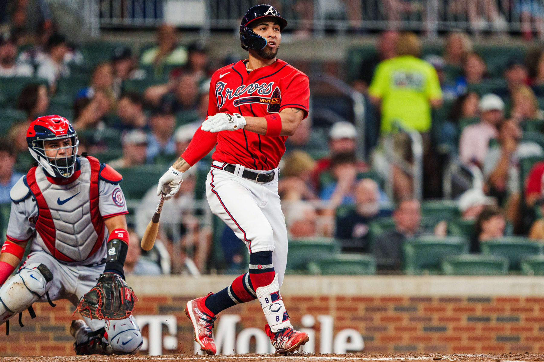 ATLANTA, GA - SEPTEMBER 29: Eddie Rosario #8 of the Atlanta Braves hits a single in the fifth inning against the Washington Nationals at Truist Park on September 29, 2023 in Atlanta, Georgia. (Photo by Matthew Grimes Jr./Atlanta Braves/Getty Images)