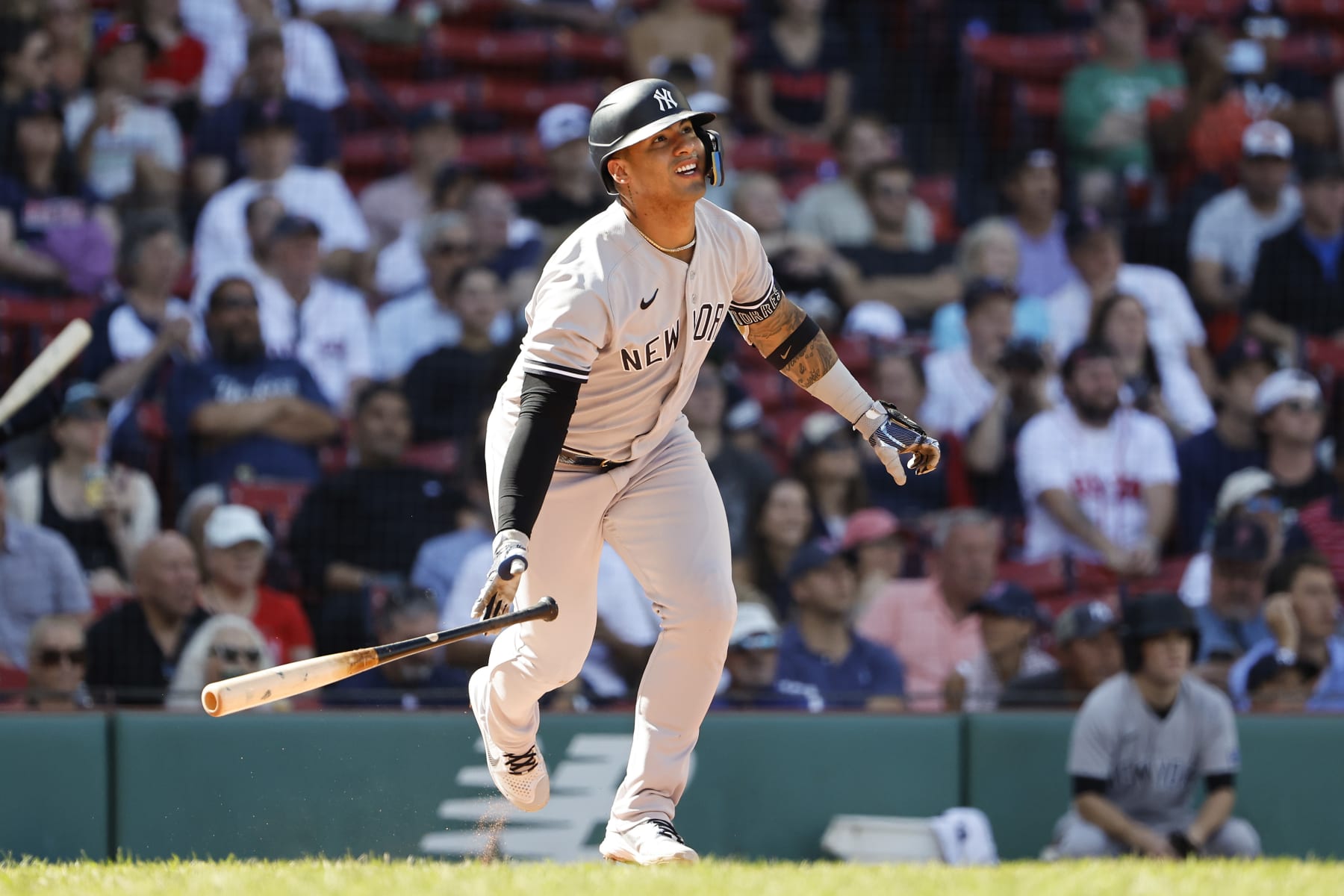 BOSTON, MA - SEPTEMBER 14: Gleyber Torres #25 of the New York Yankees watches his double against the Boston Red Sox during the fourth inning of game one of a doubleheader at Fenway Park on September 14, 2023 in Boston, Massachusetts. (Photo By Winslow Townson/Getty Images)