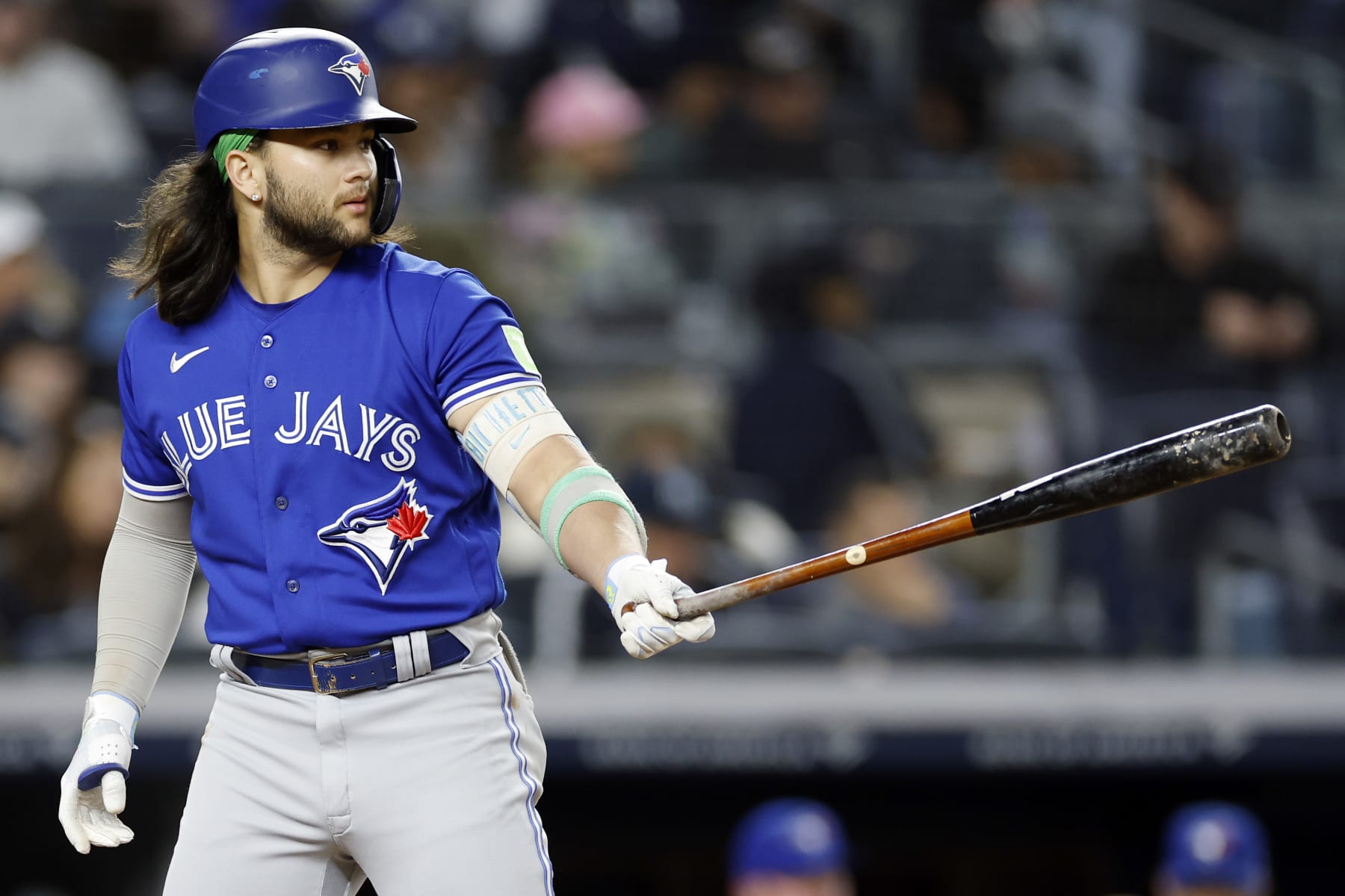 NEW YORK, NEW YORK - SEPTEMBER 21: Bo Bichette #11 of the Toronto Blue Jays at bat during the game against the New York Yankees at Yankee Stadium on September 21, 2023 in the Bronx borough of New York City. The Yankees won 5-3. (Photo by Sarah Stier/Getty Images)