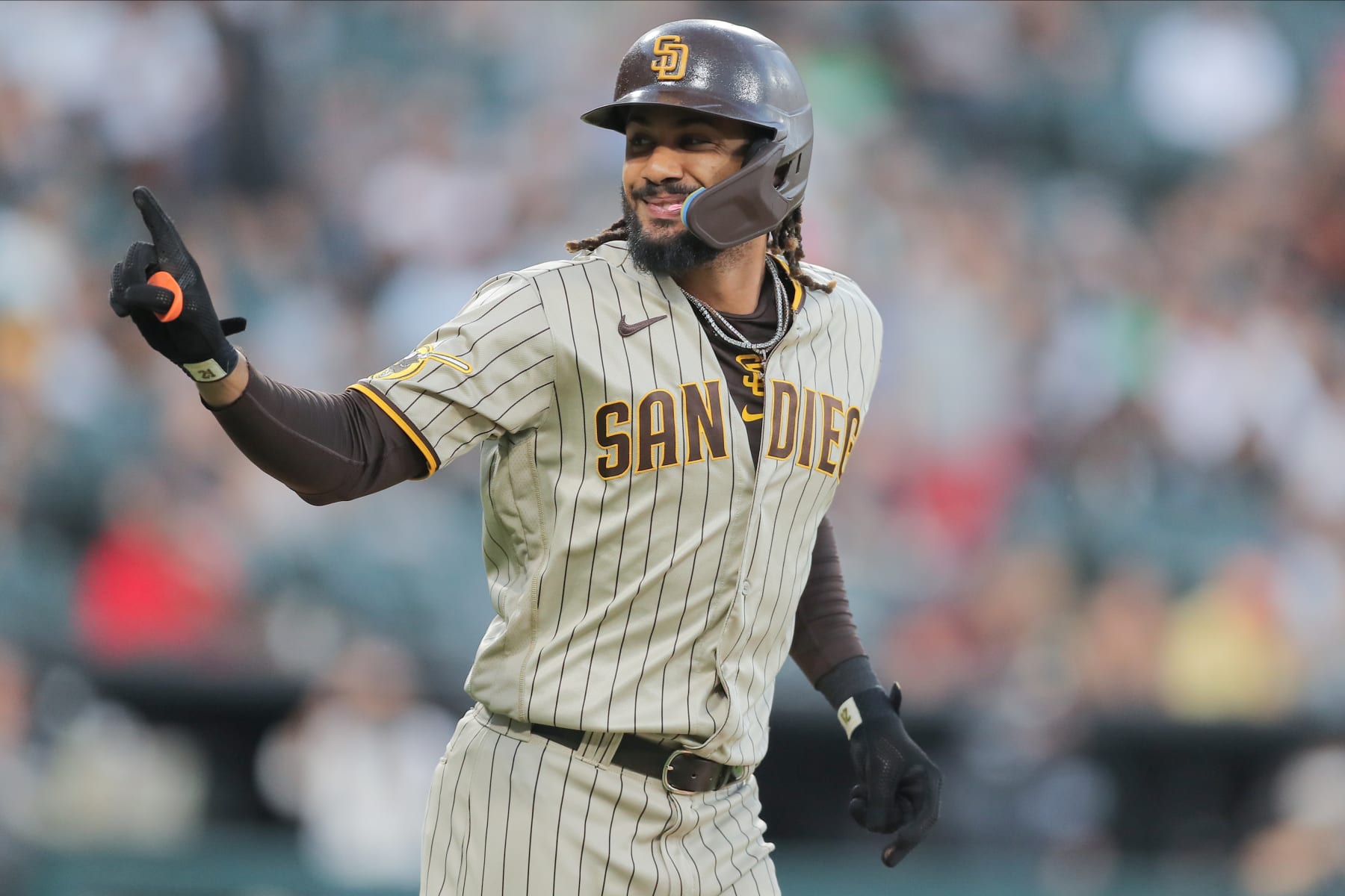 CHICAGO, IL - SEPTEMBER 30: San Diego Padres right fielder Fernando Tatis Jr. (23) looks to the dugout after a walk during a Major League Baseball game between the San Diego Padres and the Chicago White Sox on September 30, 2023 at Guaranteed Rate Field in Chicago, IL. (Photo by Melissa Tamez/Icon Sportswire via Getty Images)