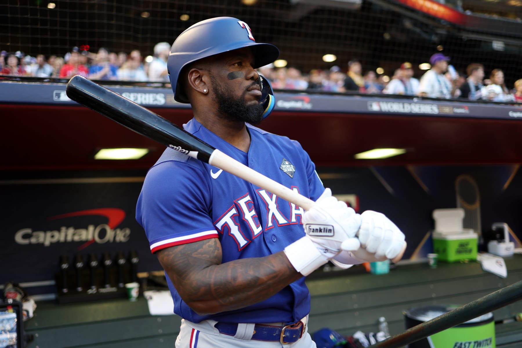 PHOENIX, AZ - OCTOBER 30: Adolis García #53 of the Texas Rangers looks on prior to Game 3 of the 2023 World Series between the Texas Rangers and the Arizona Diamondbacks at Chase Field on Monday, October 30, 2023 in Phoenix, Arizona. (Photo by Rob Tringali/MLB Photos via Getty Images)