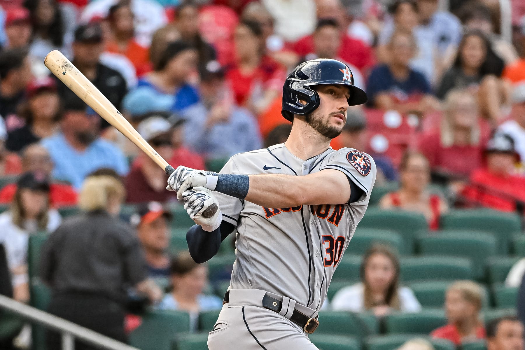 ST. LOUIS, MO - JUN 28: Houston Astros right fielder Kyle Tucker (30) watches his batted ball go into right field for a base hit during a game between the Houston Astros and the St. Louis Cardinals on June 28, 2023, at Busch Stadium in St. Louis MO (Photo by Rick Ulreich/Icon Sportswire via Getty Images)