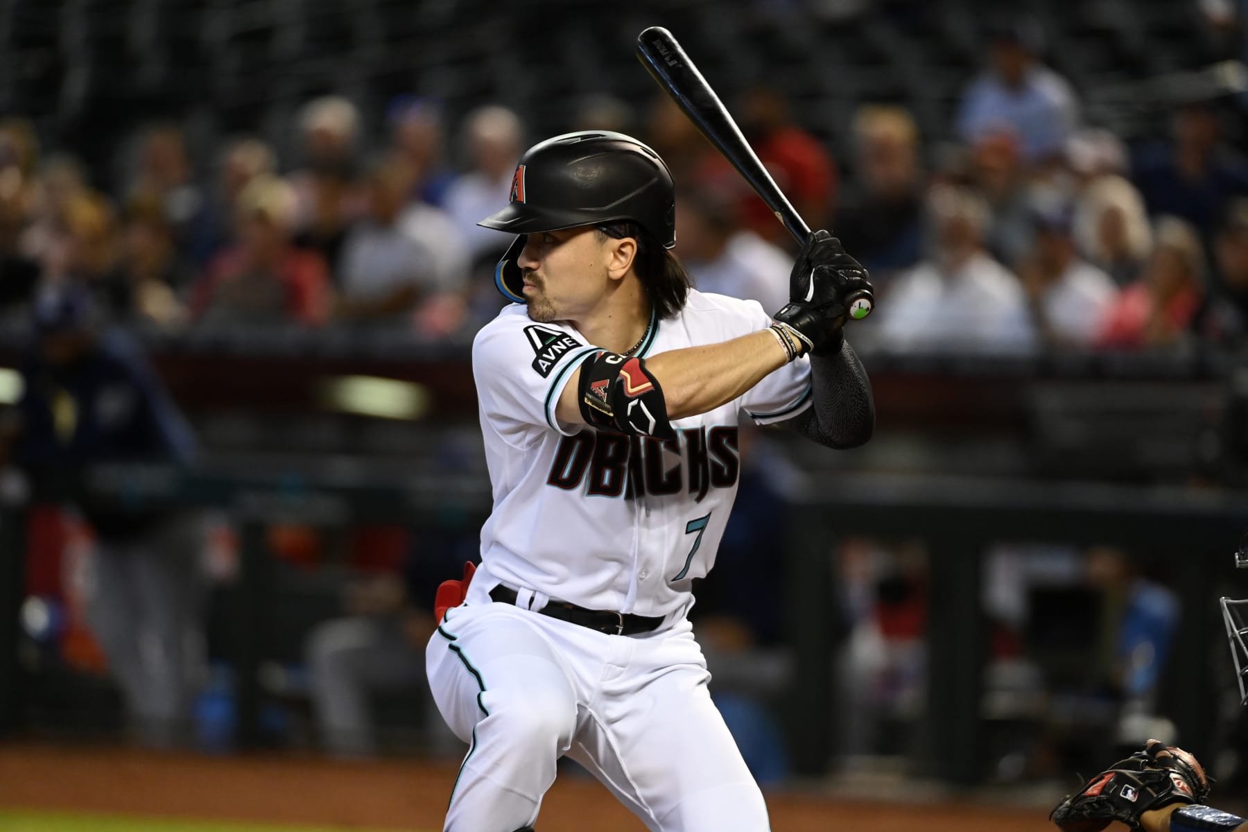 PHOENIX, ARIZONA - JUNE 29: Corbin Carroll #7 of the Arizona Diamondbacks gets ready in the batters box against the Tampa Bay Rays at Chase Field on June 29, 2023 in Phoenix, Arizona. (Photo by Norm Hall/Getty Images)