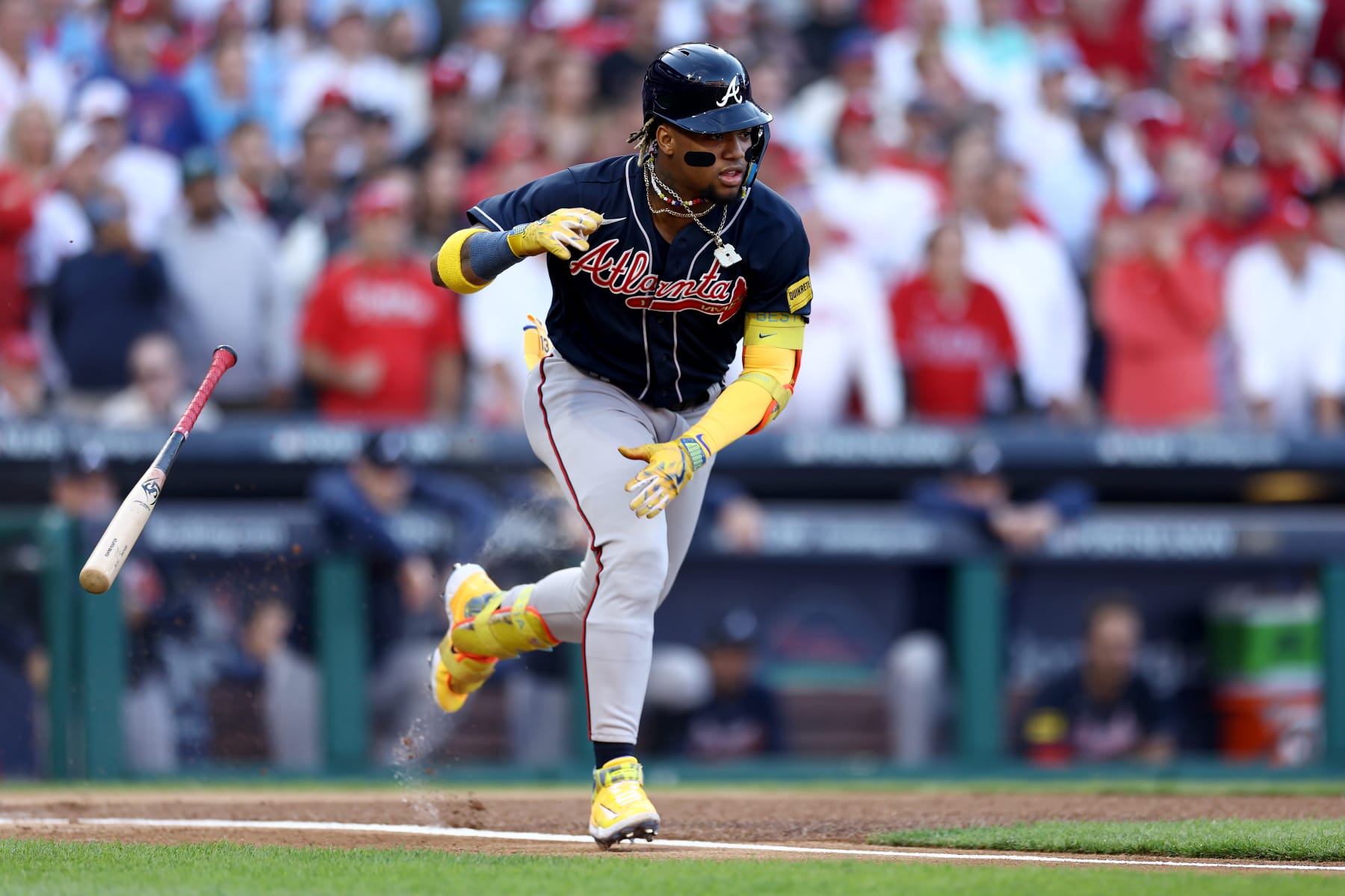 PHILADELPHIA, PENNSYLVANIA - OCTOBER 11: Ronald Acuna Jr. #13 of the Atlanta Braves grounds out against the Philadelphia Phillies during the first inning in Game Three of the Division Series at Citizens Bank Park on October 11, 2023 in Philadelphia, Pennsylvania. (Photo by Tim Nwachukwu/Getty Images)