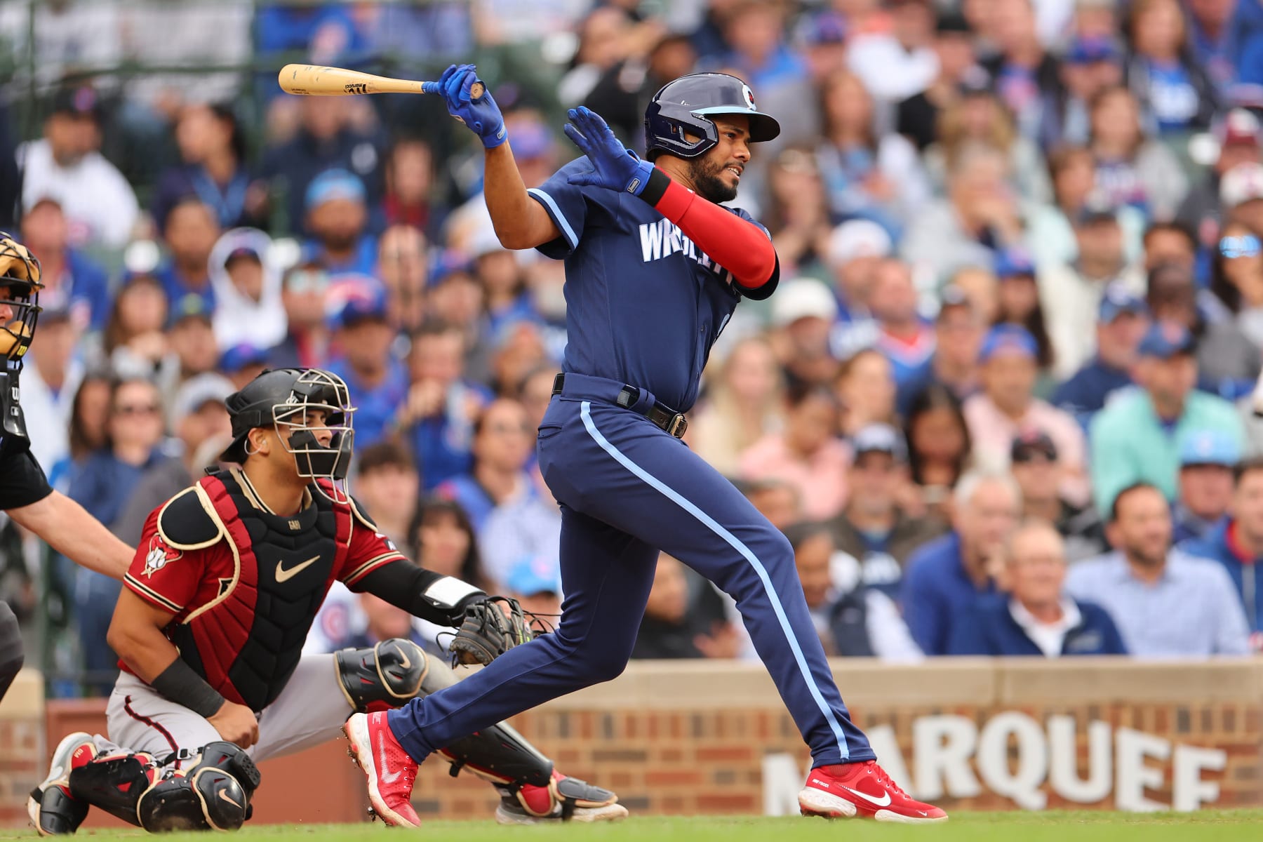 CHICAGO, ILLINOIS - SEPTEMBER 08: Jeimer Candelario #9 of the Chicago Cubs at bat against the Arizona Diamondbacks at Wrigley Field on September 08, 2023 in Chicago, Illinois. (Photo by Michael Reaves/Getty Images)