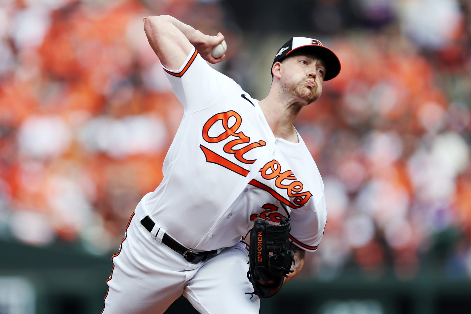 BALTIMORE, MARYLAND - OCTOBER 07: Kyle Bradish #39 of the Baltimore Orioles pitches during the first inning of Game One of the American League Division Series against the Texas Rangers at Oriole Park at Camden Yards on October 07, 2023 in Baltimore, Maryland. (Photo by Patrick Smith/Getty Images)