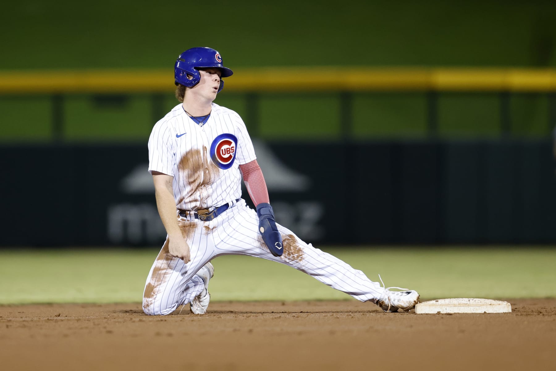 MESA, AZ - OCTOBER 04: James Triantos #1 of the Mesa Solar Sox reacts after attempting to steal second base during the game between the Peoria Javelinas and the Mesa Solar Sox at Sloan Park on Wednesday, October 4, 2023 in Mesa, Arizona. (Photo by Chris Coduto/MLB Photos via Getty Images)