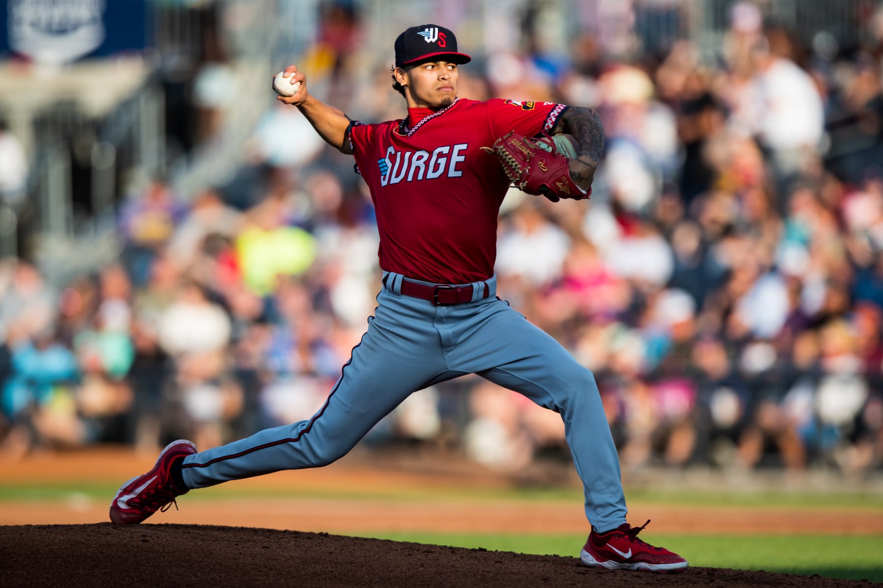 AMARILLO, TEXAS - JULY 21: Marco Raya #24 of the Wichita Wind Surge pitches during the game against the Amarillo Sod Poodles at HODGETOWN Stadium on July 21, 2023 in Amarillo, Texas. (Photo by John E. Moore III/Getty Images)