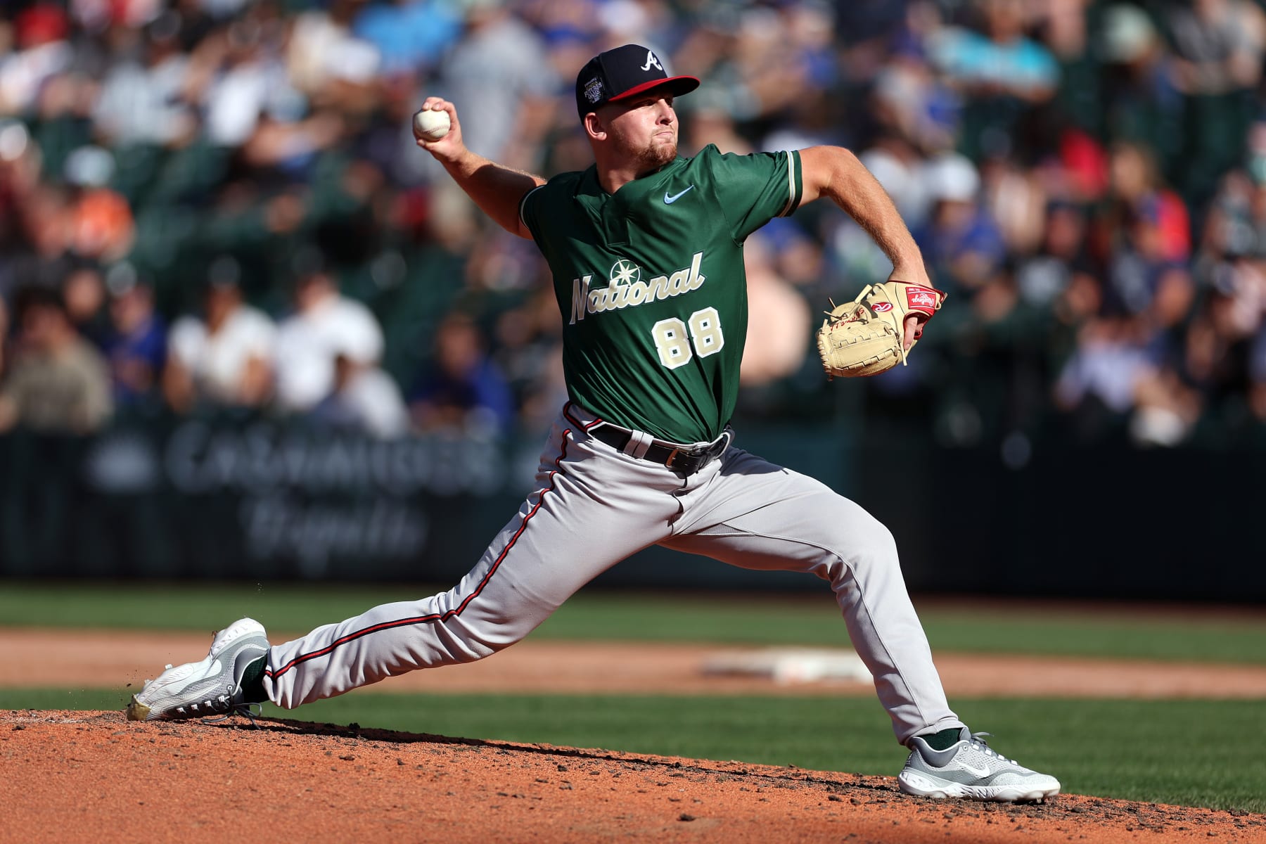 SEATTLE, WASHINGTON - JULY 08: Spencer Schwellenbach #88 of the Atlanta Braves pitches during the SiriusXM All-Star Futures Game at T-Mobile Park on July 08, 2023 in Seattle, Washington. (Photo by Steph Chambers/Getty Images)
