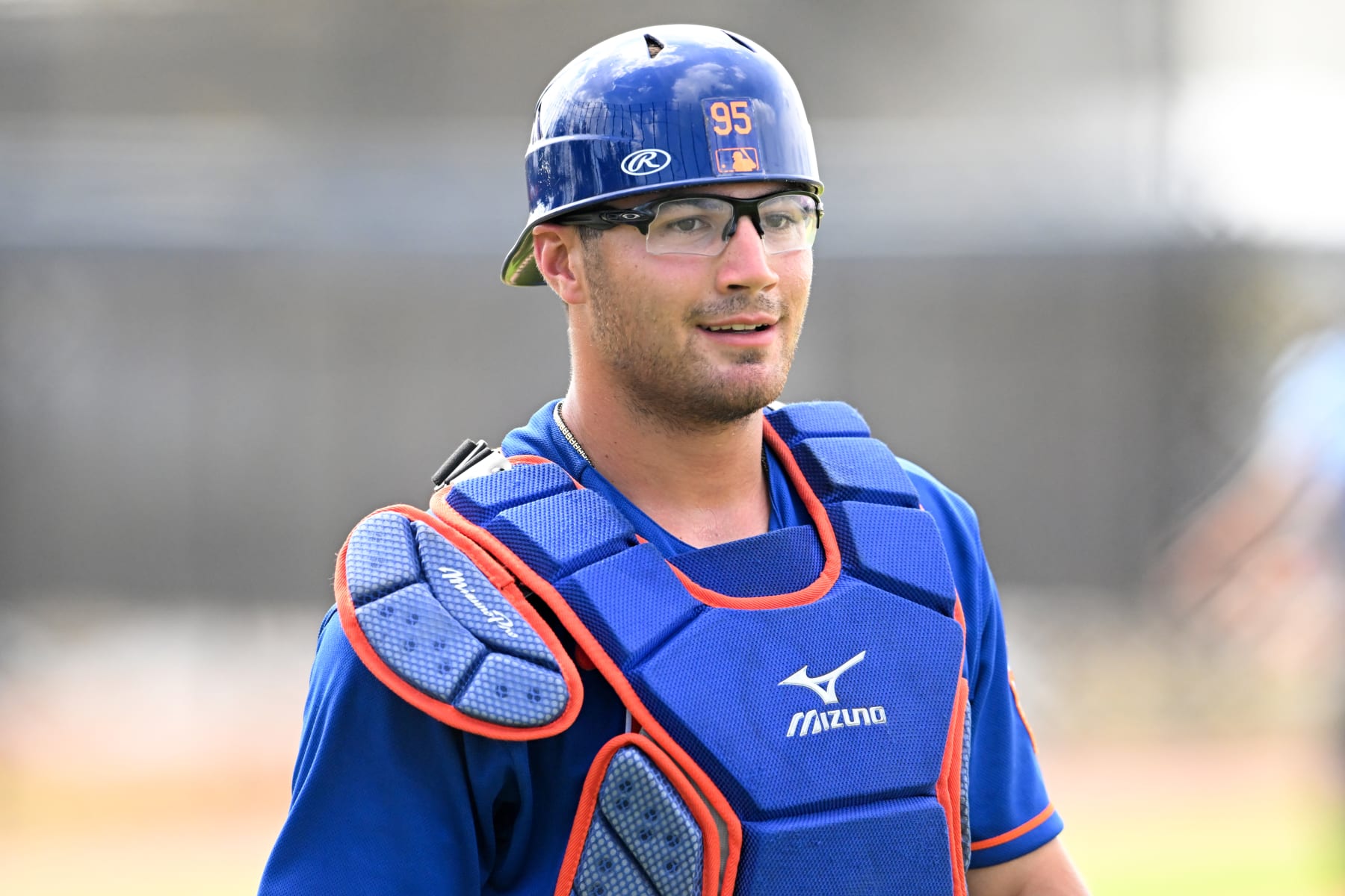 WEST PALM BEACH, FLORIDA - MARCH 18, 2023: Kevin Parada #95 of the New York Mets looks on during a minor league spring training game against the Houston Astros at The Ballpark of the Palm Beaches on March 18, 2023 in West Palm Beach, Florida. (Photo by Nick Cammett/Diamond Images via Getty Images)