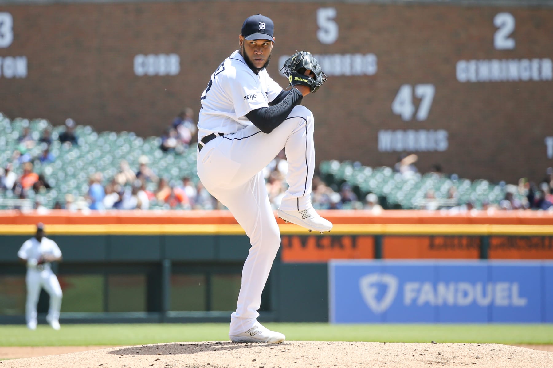 DETROIT, MI - MAY 28:  Detroit Tigers starting pitcher Eduardo Rodriguez (57) pitches during the second inning of a regular season Major League Baseball game between the Chicago White Sox and the Detroit Tigers on May 28, 2023 at Comerica Park in Detroit, Michigan.  (Photo by Scott W. Grau/Icon Sportswire via Getty Images)