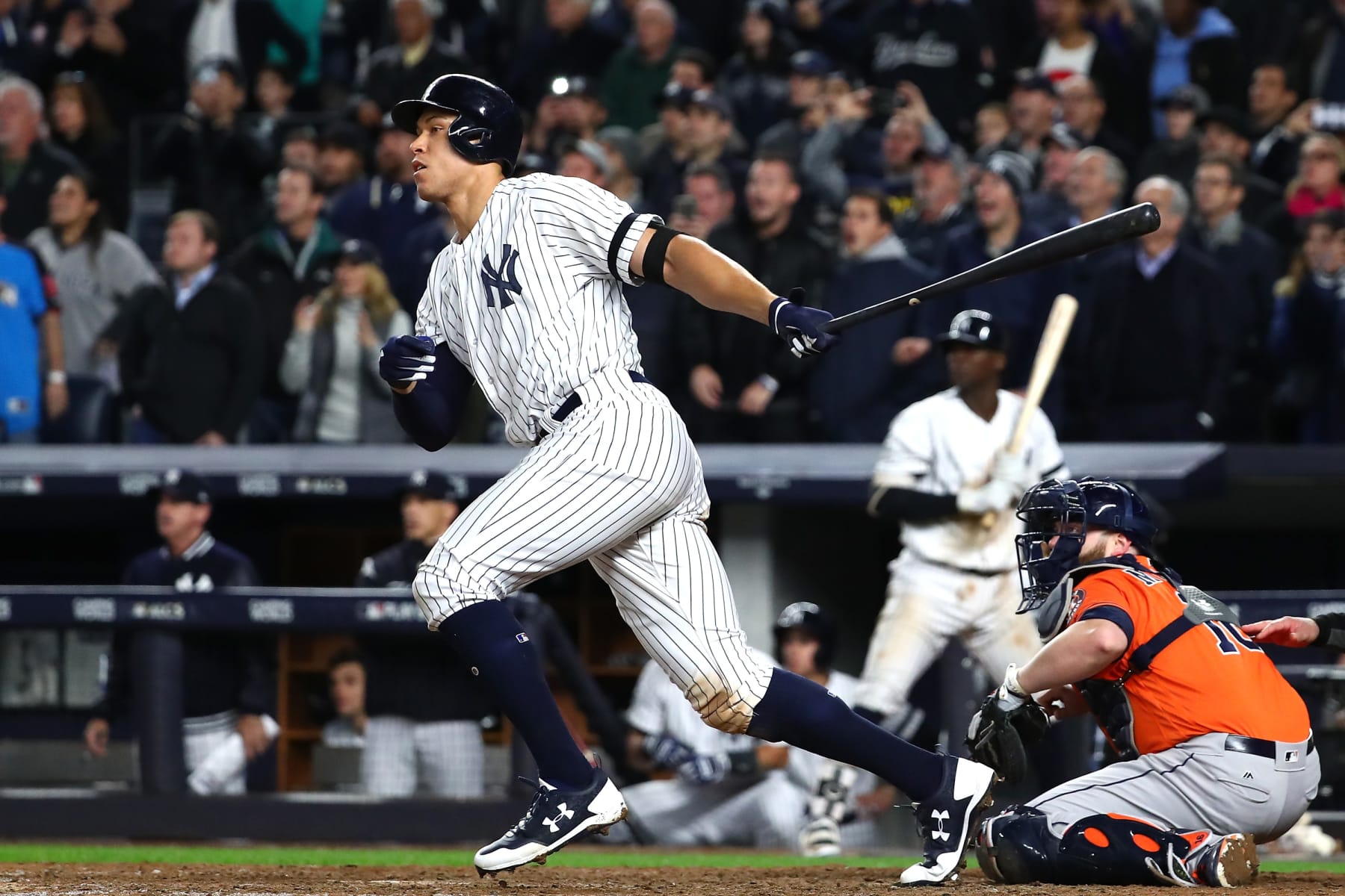 NEW YORK, NY - OCTOBER 17: Aaron Judge #99 of the New York Yankees hits a double during the eighth inning against the Houston Astros in Game Four of the American League Championship Series at Yankee Stadium on October 17, 2017 in the Bronx borough of New York City.  (Photo by Al Bello/Getty Images)