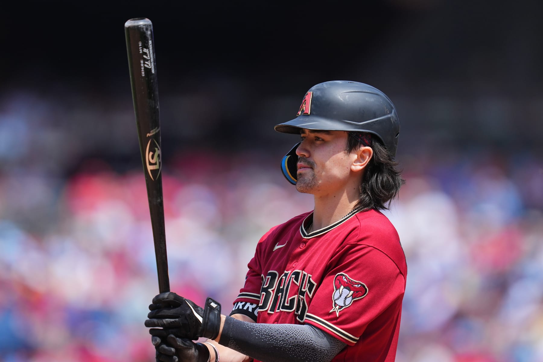 PHILADELPHIA, PA - MAY 24: Corbin Carroll #7 of the Arizona Diamondbacks looks on against the Philadelphia Phillies at Citizens Bank Park on May 24, 2023 in Philadelphia, Pennsylvania. (Photo by Mitchell Leff/Getty Images)