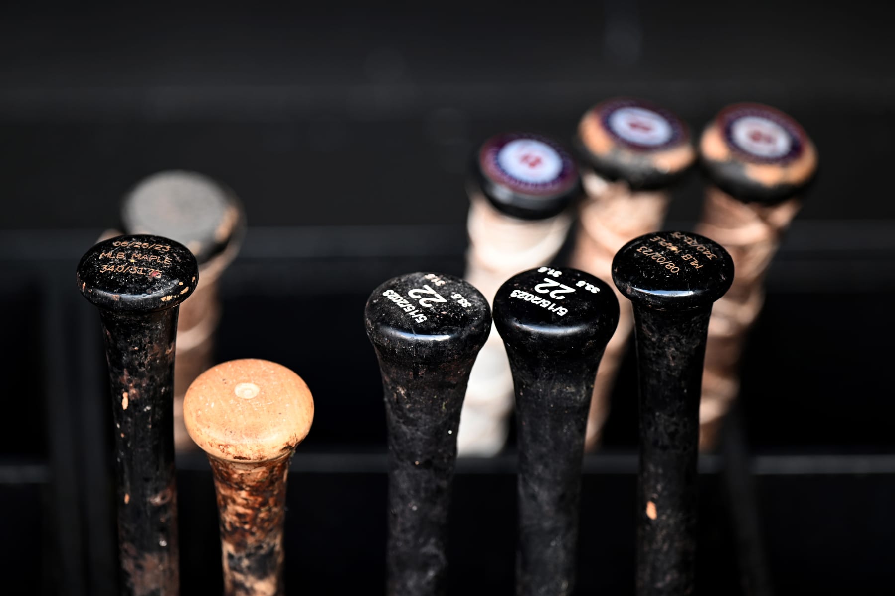 WASHINGTON, DC - SEPTEMBER 21: A view of bats in the bat rack before the game between the Washington Nationals and the Atlanta Braves at Nationals Park on September 21, 2023 in Washington, DC. (Photo by G Fiume/Getty Images)