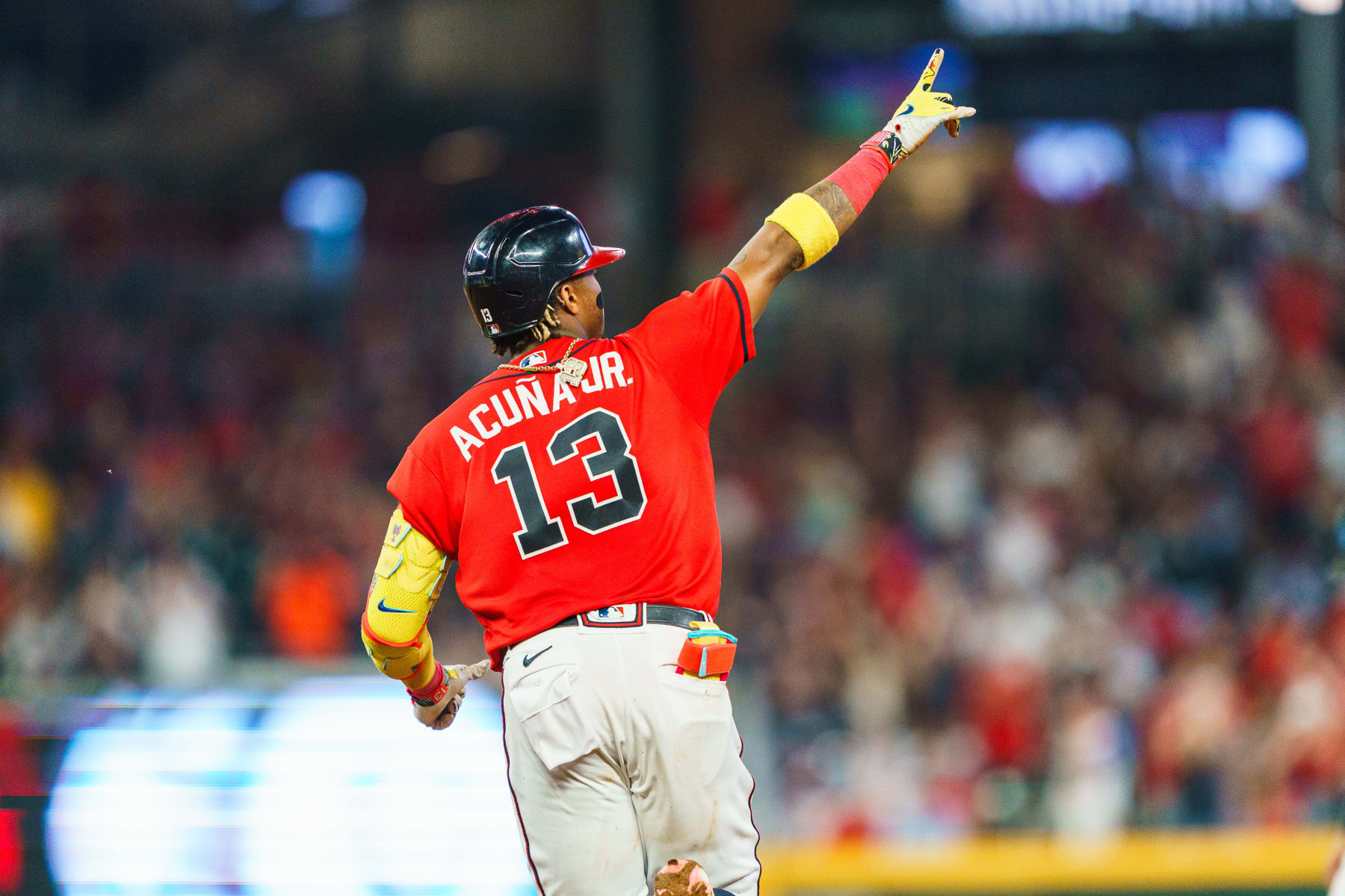 ATLANTA, GA - JUNE 30: Ronald Acuña Jr. #13 of the Atlanta Braves celebrates after hitting a home run in the seventh inning during the game against the Miami Marlins at Truist Park on June 30, 2023 in Atlanta, Georgia. (Photo by Matthew Grimes Jr./Atlanta Braves/Getty Images)