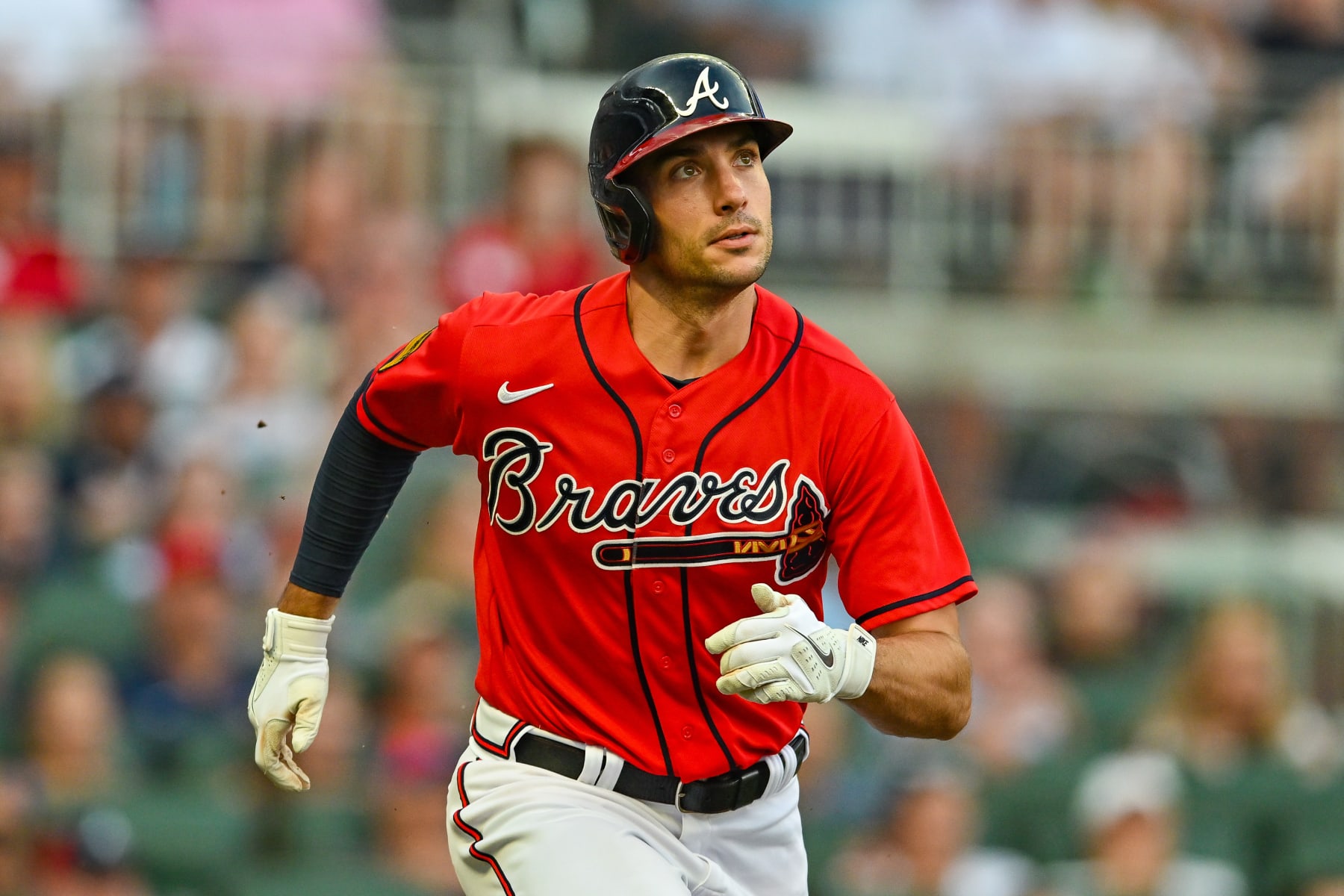ATLANTA, GA  JUNE 30:  Atlanta first baseman Matt Olson (28) hits the ball deep during the MLB game between the Miami Marlins and the Atlanta Braves on June 30th, 2023 at Truist Park in Atlanta, GA. (Photo by Rich von Biberstein/Icon Sportswire via Getty Images)