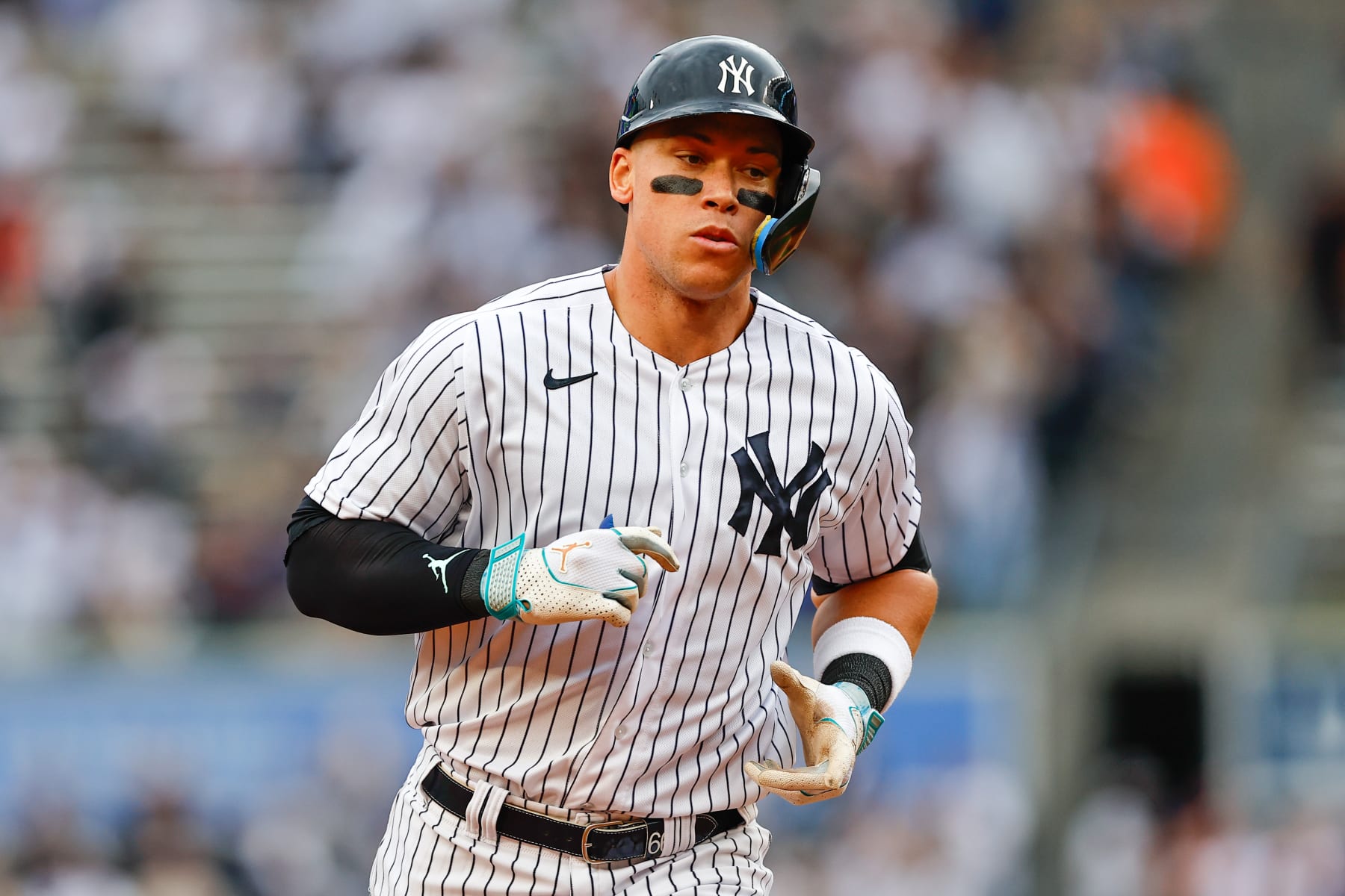 BRONX, NY - AUGUST 24: Aaron Judge #99 of the New York Yankees rounds the bases after he hits a home run during the first inning of the Major League Baseball game against the Washington Nationals on August 24, 2023 at Yankee Stadium in the Bronx, New York.  (Photo by Rich Graessle/Icon Sportswire via Getty Images)