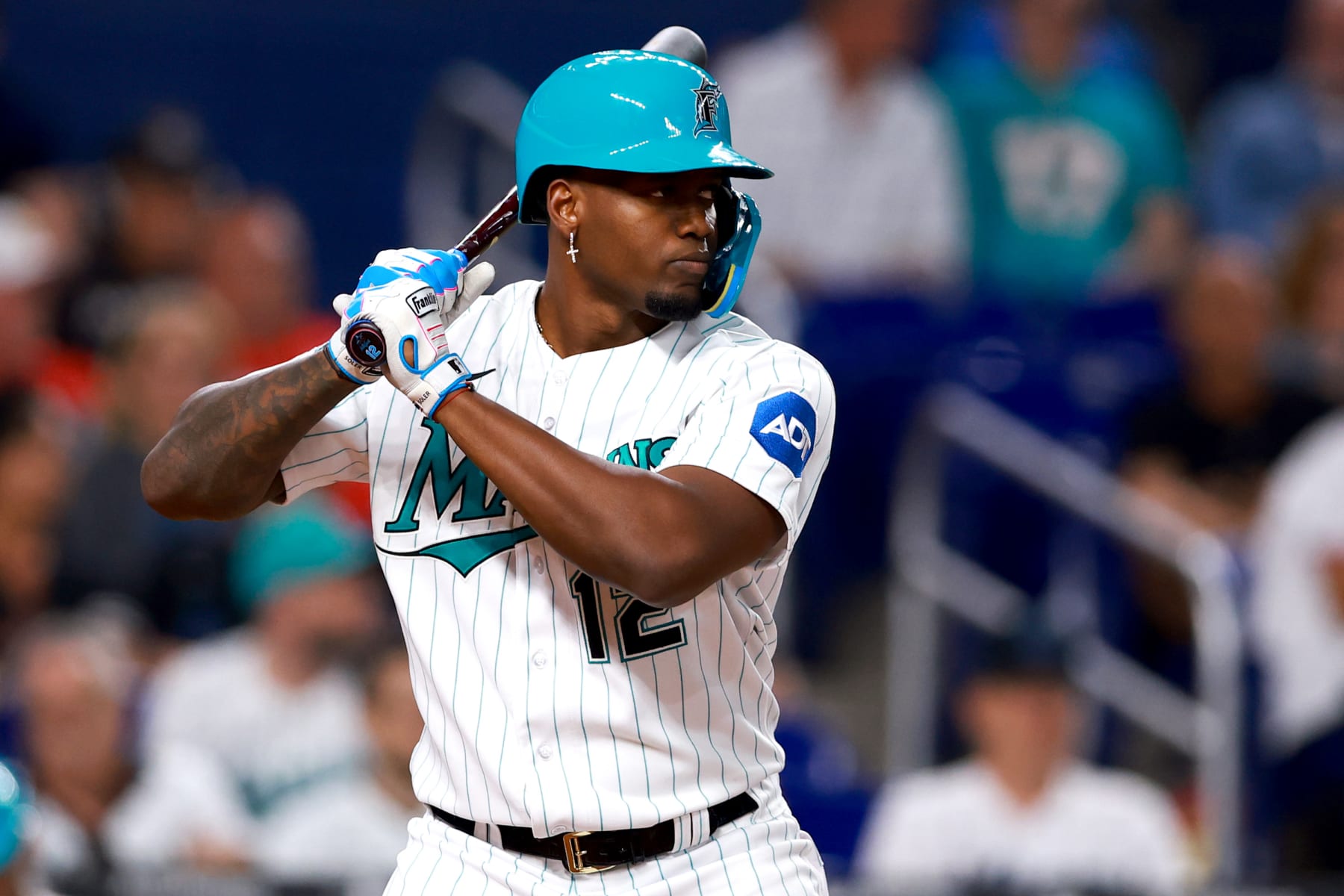 MIAMI, FLORIDA - AUGUST 25: Jorge Soler #12 of the Miami Marlins at bat against the Washington Nationals during the fourth inning at loanDepot park on August 25, 2023 in Miami, Florida. (Photo by Megan Briggs/Getty Images)