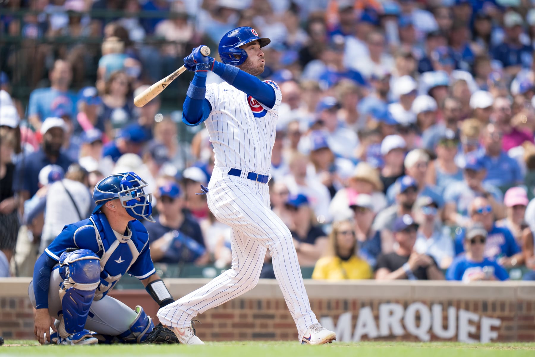 CHICAGO, IL - AUGUST 19: Cody Bellinger #24 of the Chicago Cubs watches the flight of a home run in a game against the Kansas City Royals at Wrigley Field on August 19, 2023 in Chicago, Illinois. (Photo by Matt Dirksen/Getty Images)