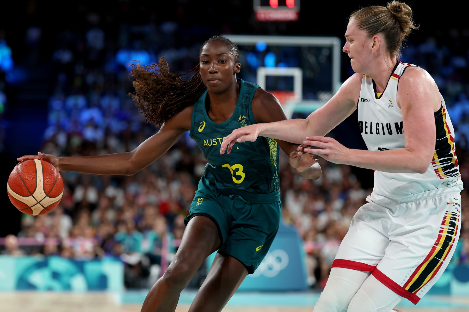PARIS, FRANCE - AUGUST 11: Ezi Magbegor of Team Australia competes during the Women's Bronze Medal game between Team Belgium and Team Australia on day sixteen of the Olympic Games Paris 2024 at Bercy Arena on August 11, 2024 in Paris, France. (Photo by Gregory Shamus/Getty Images)