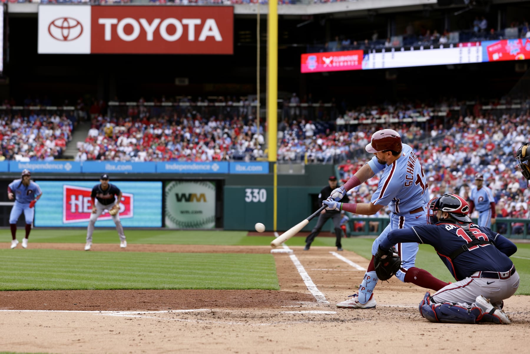 PHILADELPHIA, PENNSYLVANIA - JUNE 22: Kyle Schwarber #12 of the Philadelphia Phillies in action against the Atlanta Braves during a game at Citizens Bank Park on June 22, 2023 in Philadelphia, Pennsylvania. (Photo by Rich Schultz/Getty Images)