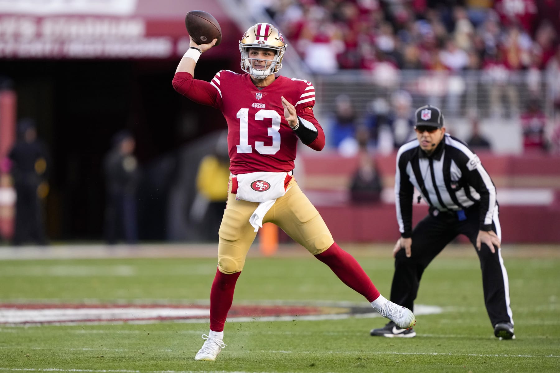 SANTA CLARA, CALIFORNIA - JANUARY 22: Brock Purdy #13 of the San Francisco 49ers throws a pass against the Dallas Cowboys during the first half in the NFC Divisional Playoff game at Levi's Stadium on January 22, 2023 in Santa Clara, California. (Photo by Thearon W. Henderson/Getty Images)