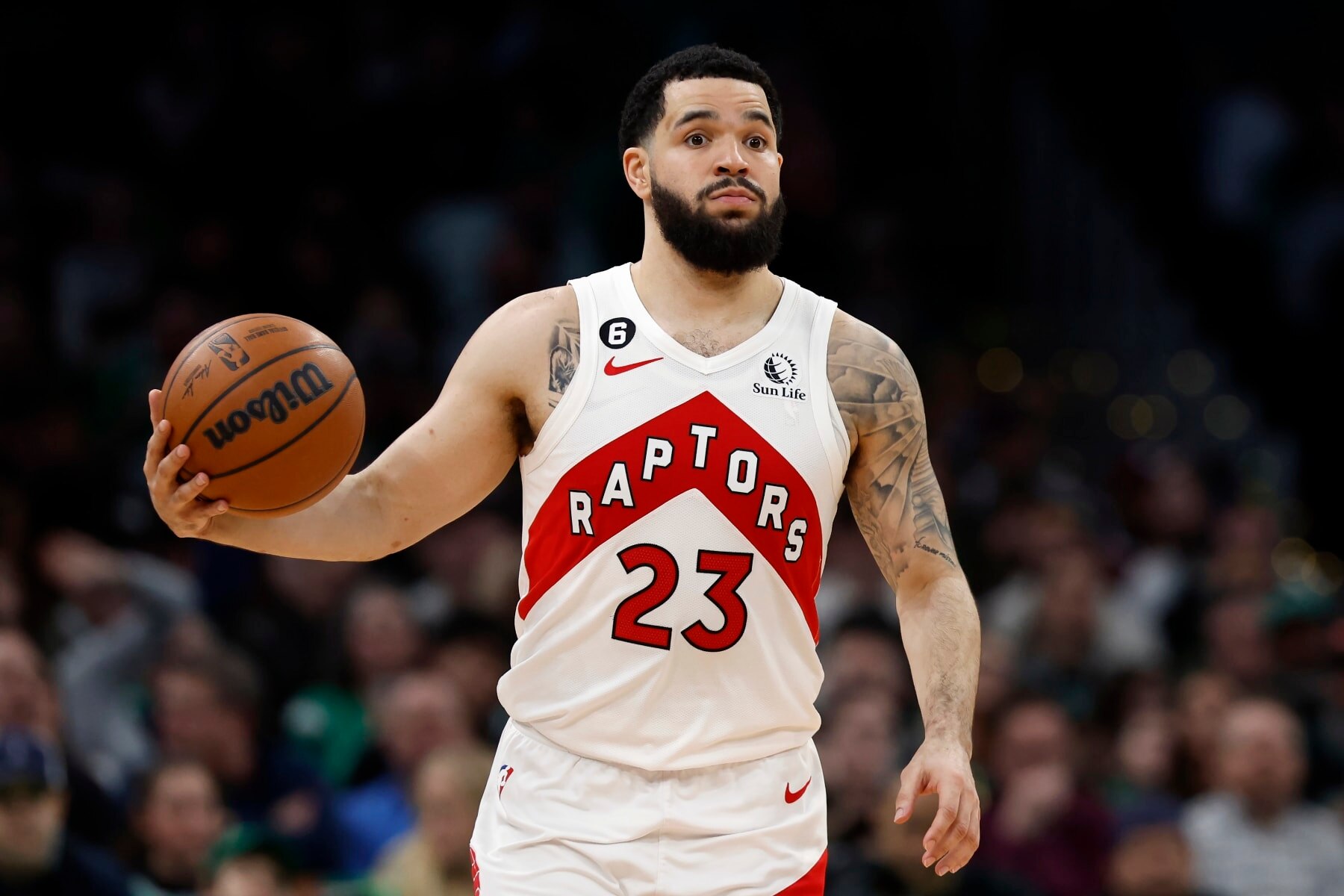 Toronto Raptors' Fred VanVleet plays against the Boston Celtics during the second half of an NBA basketball game, Friday, April 7, 2023, in Boston. (AP Photo/Michael Dwyer)