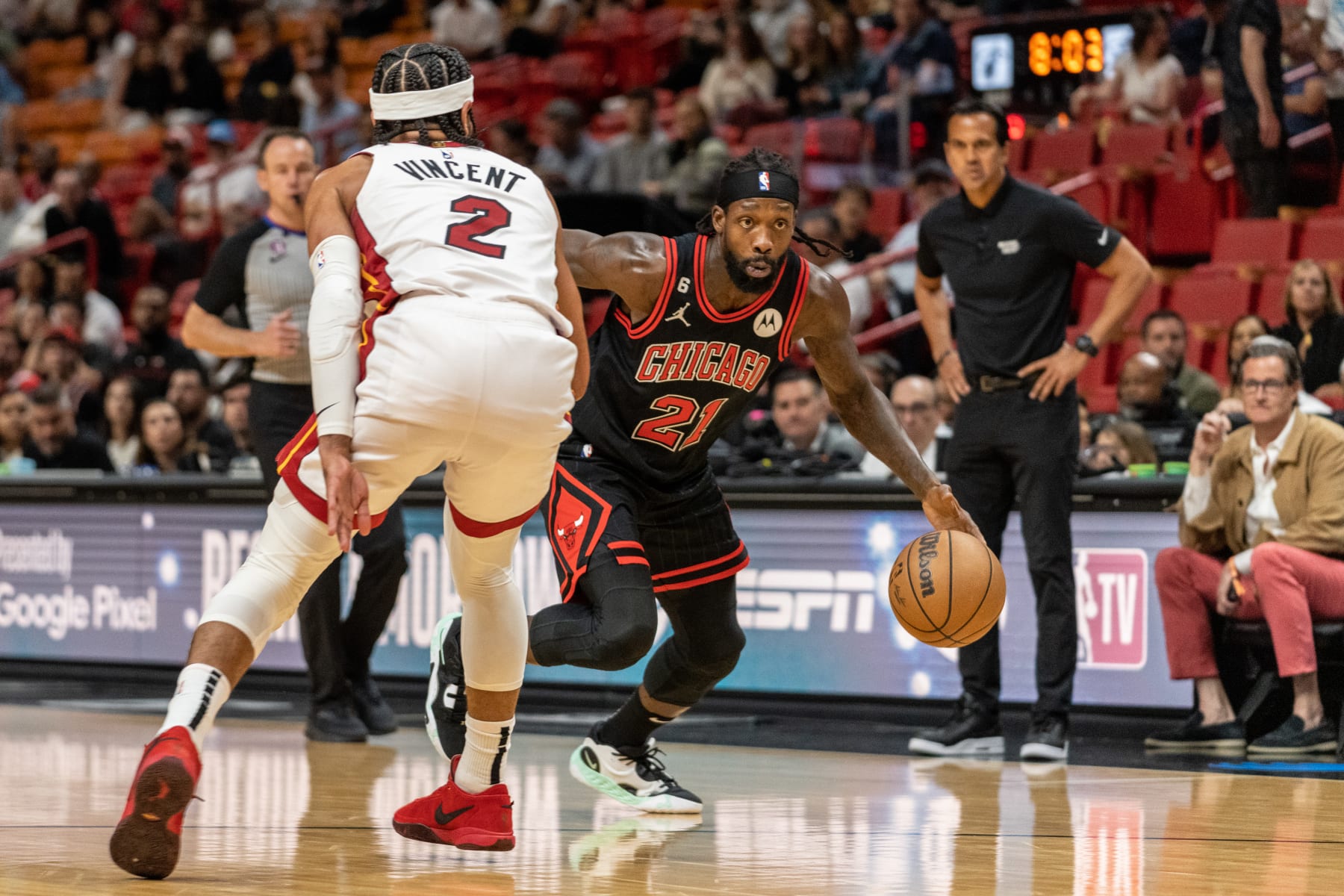 MIAMI, FL - APRIL 14: Patrick Beverley #21 of the Chicago Bulls drives to the basket while being defended by Gabe Vincent #2 of the Miami Heat at Kaseya Center on April 14, 2023 in Miami, Florida.  NOTE TO USER: User expressly acknowledges and agrees that, by downloading and or using this Photograph, user is consenting to the terms and conditions of the Getty Images License Agreement. (Photo by Bryan Cereijo/Getty Images)