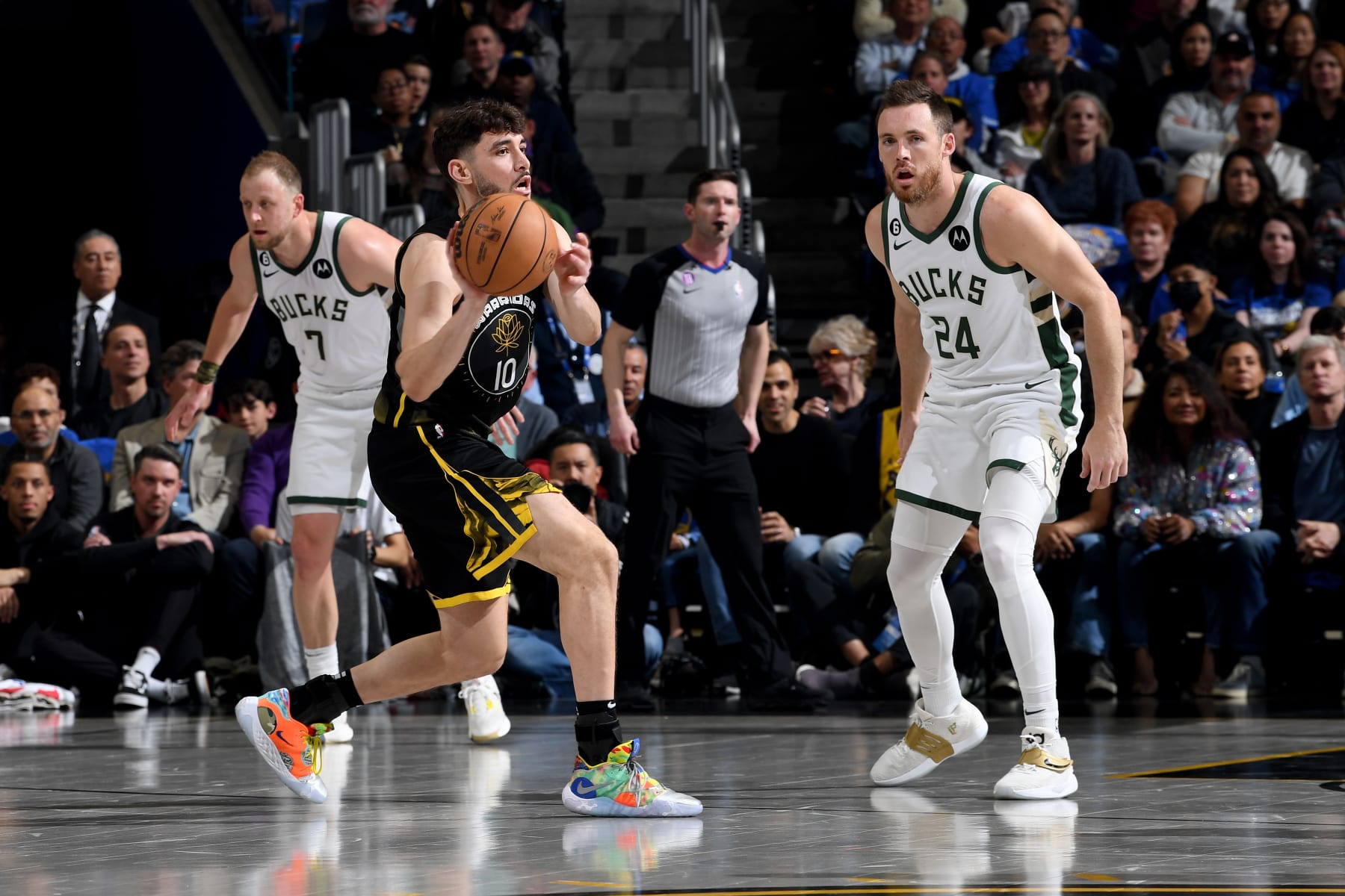 SAN FRANCISCO, CA - MARCH 11: Ty Jerome #10 of the Golden State Warriors looks to pass the ball during the game against the Milwaukee Bucks  on March 11, 2023 at Chase Center in San Francisco, California. NOTE TO USER: User expressly acknowledges and agrees that, by downloading and or using this photograph, user is consenting to the terms and conditions of Getty Images License Agreement. Mandatory Copyright Notice: Copyright 2023 NBAE (Photo by Noah Graham/NBAE via Getty Images)