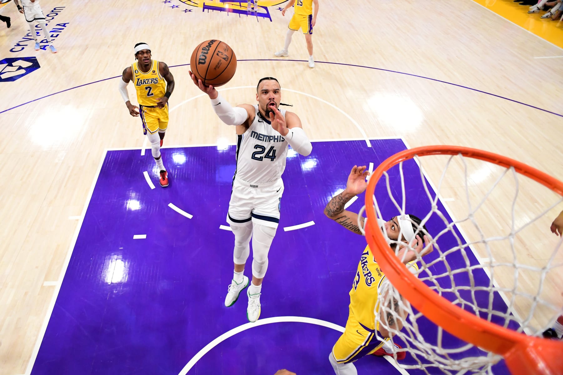 LOS ANGELES, CA - APRIL 28: Dillon Brooks #24 of the Memphis Grizzlies drives to the basket against the Los Angeles Lakers during round One Game Six of the 2023 NBA Playoffs on April 28, 2023 at Crypto.Com Arena in Los Angeles, California. NOTE TO USER: User expressly acknowledges and agrees that, by downloading and/or using this Photograph, user is consenting to the terms and conditions of the Getty Images License Agreement. Mandatory Copyright Notice: Copyright 2023 NBAE (Photo by Adam Pantozzi/NBAE via Getty Images)