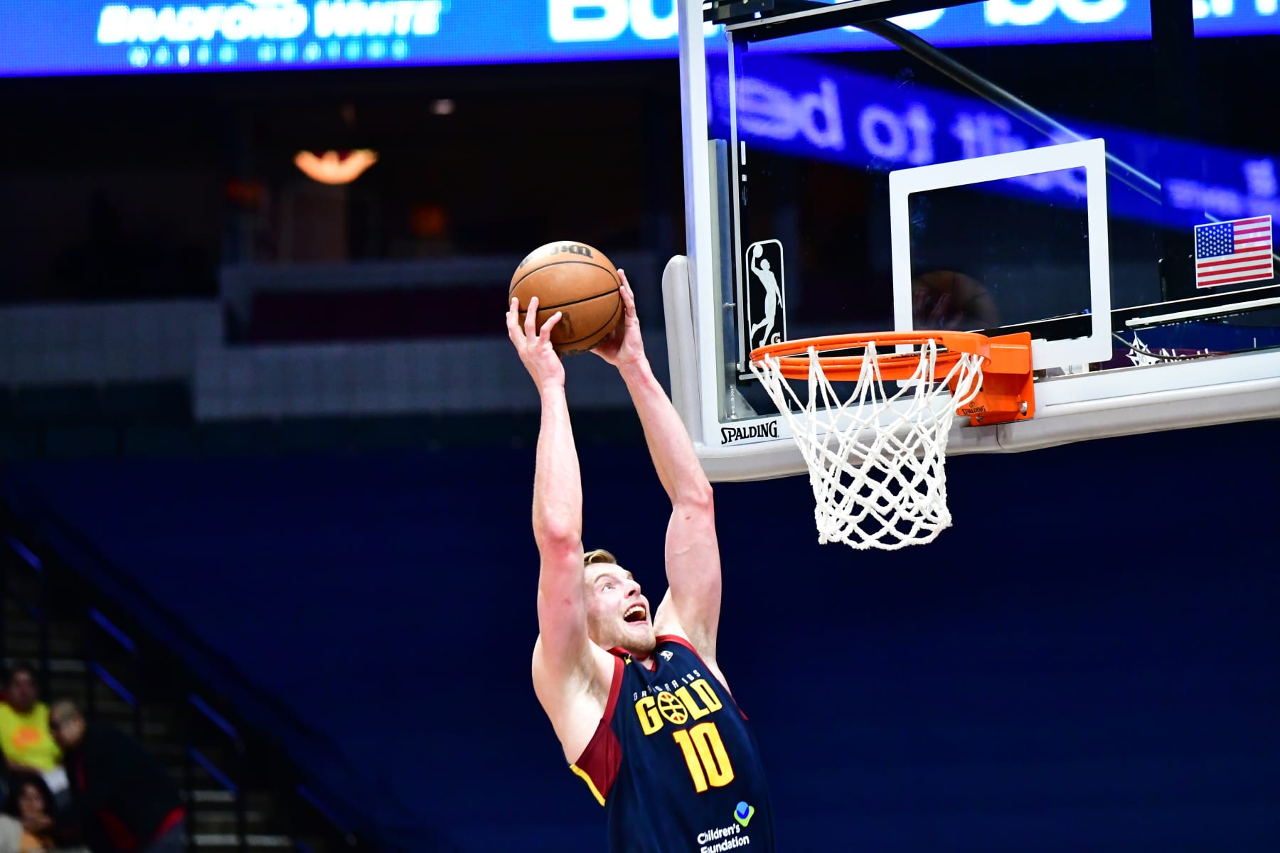 GRAND RAPIDS, MI - March 14:Jack White #10 of the Grand Rapids Gold dunks the ball against  Raptors 905 on March 14, 2023 at the Van Andel Arena in Grand Rapids, Michigan. NOTE TO USER: User expressly acknowledges and agrees that, by downloading and/or using this photograph, user is consenting to the terms and conditions of the Getty Images License Agreement.  Mandatory Copyright Notice: Copyright 2023 NBAE (Photo by Richard Prepetit/NBAE via Getty Images)