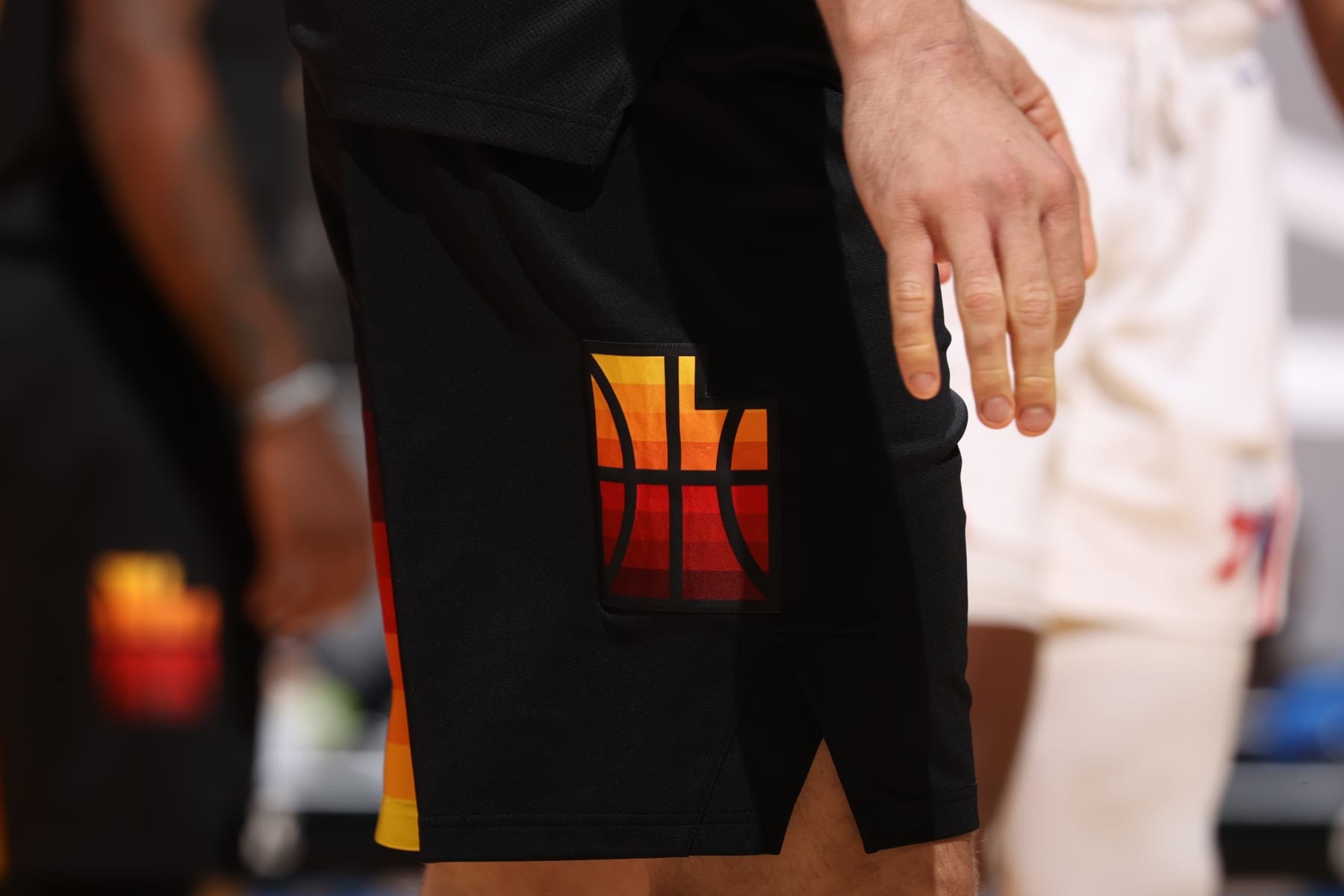 SALT LAKE CITY, UT - FEBRUARY 15: The Utah Jazz logo on their shorts pictured during the game against the Philadelphia 76ers on February 15, 2021 at vivint.SmartHome Arena in Salt Lake City, Utah. NOTE TO USER: User expressly acknowledges and agrees that, by downloading and or using this Photograph, User is consenting to the terms and conditions of the Getty Images License Agreement. Mandatory Copyright Notice: Copyright 2021 NBAE (Photo by Melissa Majchrzak/NBAE via Getty Images)