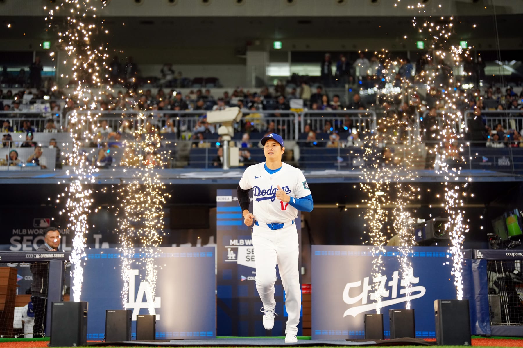 SEOUL, SOUTH KOREA - MARCH 21:  Shohei Ohtani #17 of the Los Angeles Dodgers takes the field during player introductions prior to the 2024 Seoul Series game between the San Diego Padres and the Los Angeles Dodgers at Gocheok Sky Dome on Thursday, March 21, 2024 in Seoul, California. (Photo by Daniel Shirey/MLB Photos via Getty Images)