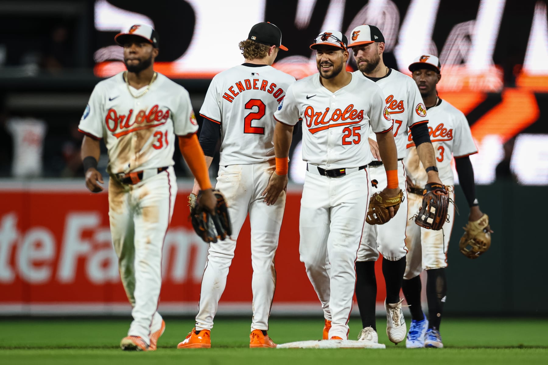 BALTIMORE, MD - JUNE 26: Cedric Mullins #31, Anthony Santander #25, Gunnar Henderson #2, Colton Cowser #17 and Jorge Mateo #3 of the Baltimore Orioles celebrate a 4-2 win against the Cleveland Guardians during the ninth inning at Oriole Park at Camden Yards on June 26, 2024 in Baltimore, Maryland. (Photo by Scott Taetsch/Getty Images)