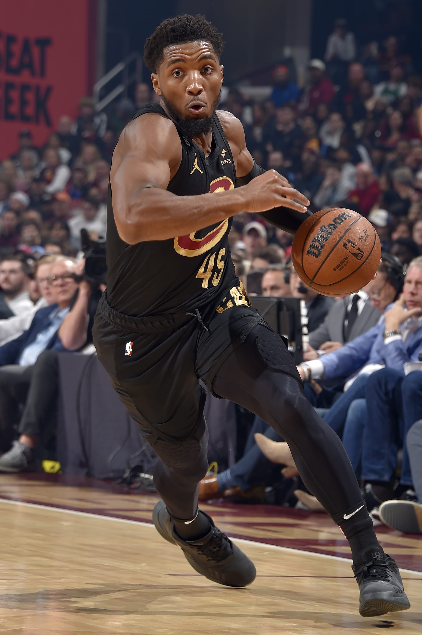 CLEVELAND, OH - NOVEMBER 2: Donovan Mitchell #45 of the Cleveland Cavaliers dribbles the ball against the Boston Celtics on November 2, 2022 at Rocket Mortgage FieldHouse in Cleveland, Ohio. NOTE TO USER: User expressly acknowledges and agrees that, by downloading and/or using this Photograph, user is consenting to the terms and conditions of the Getty Images License Agreement. Mandatory Copyright Notice: Copyright 2022 NBAE (Photo by David Liam Kyle/NBAE via Getty Images)
