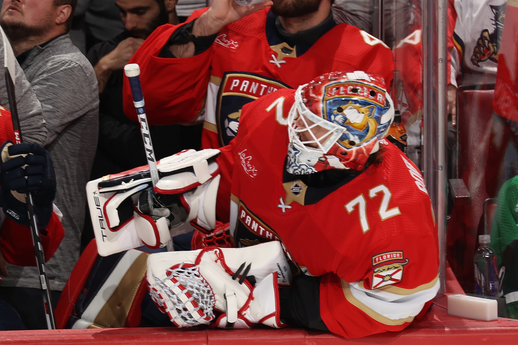 SUNRISE, FL - MAY 14: Goaltender Sergei Bobrovsky #72 of the Florida Panthers watches action after being pulled late in the third period against the Boston Bruins in Game Five of the Second Round of the 2024 Stanley Cup Playoffs at the Amerant Bank Arena on May 14, 2024 in Sunrise, Florida. (Photo by Joel Auerbach/Getty Images)