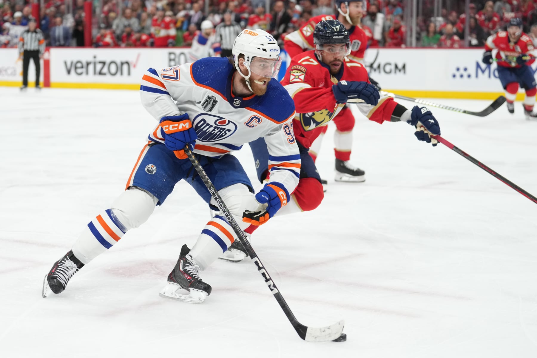 SUNRISE, FL - JUNE 10: Edmonton Oilers center Connor McDavid (97) attacks the net as Florida Panthers center Evan Rodrigues (17) helps in defense in the first period during game two of the Stanley Cup Finals between the Edmonton Oilers and the Florida Panthers on Saturday, June 10, 2024 at Amerant Bank Area in Sunrise, Fla. (Photo by Peter Joneleit/Icon Sportswire via Getty Images)