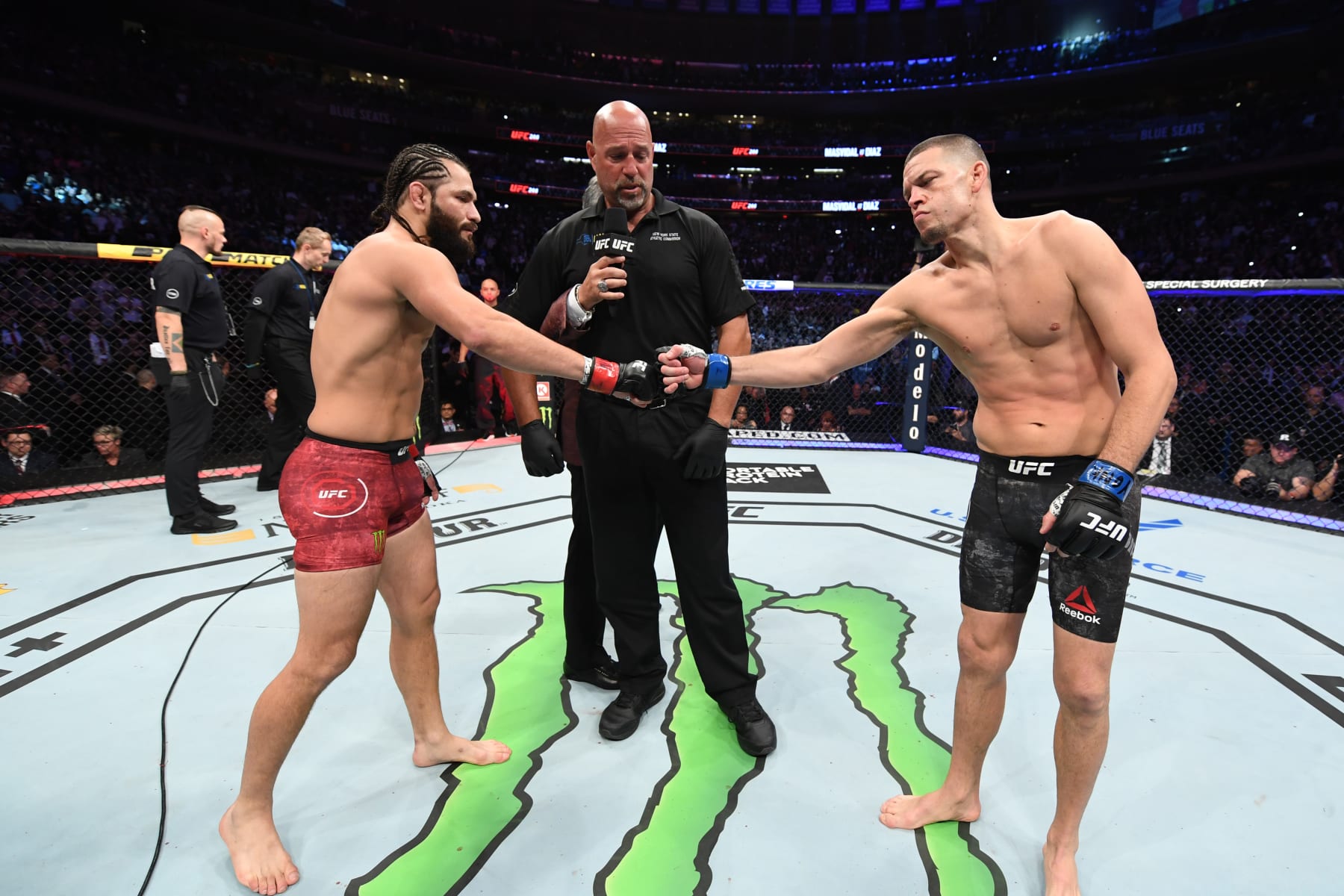 NEW YORK, NEW YORK - NOVEMBER 02: (L-R) Jorge Masvidal and Nate Diaz touch gloves before their welterweight bout for the BMF title during the UFC 244 event at Madison Square Garden on November 02, 2019 in New York City. (Photo by Josh Hedges/Zuffa LLC via Getty Images)