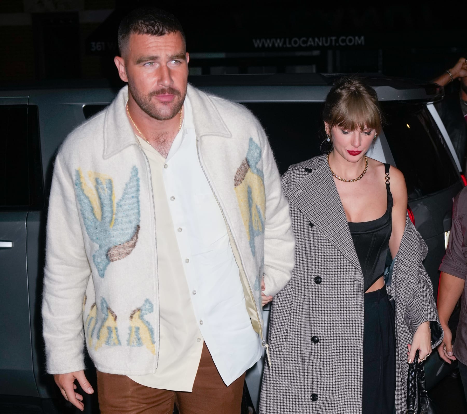 NEW YORK, NEW YORK - OCTOBER 15: Travis Kelce and Taylor Swift arrive at SNL Afterparty on October 15, 2023 in New York City. (Photo by Gotham/GC Images)