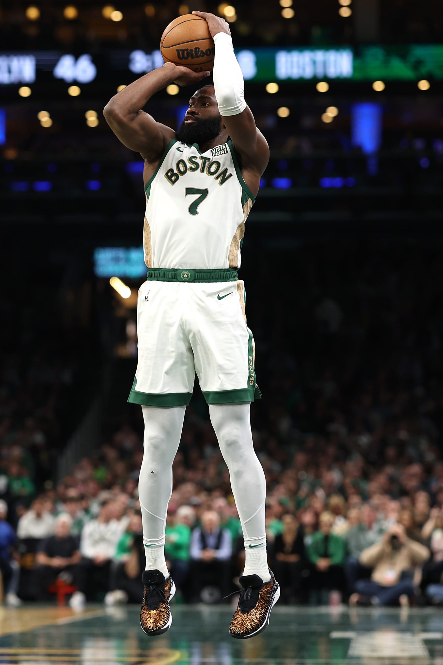 BOSTON, MASSACHUSETTS - NOVEMBER 10: Jaylen Brown #7 of the Boston Celtics takes a shot against the Brooklyn Nets  during the second quarter of their In-Season Tournament game at TD Garden on November 10, 2023 in Boston, Massachusetts. NOTE TO USER: User expressly acknowledges and agrees that, by downloading and or using this photograph, User is consenting to the terms and conditions of the Getty Images License Agreement. (Photo by Maddie Meyer/Getty Images)