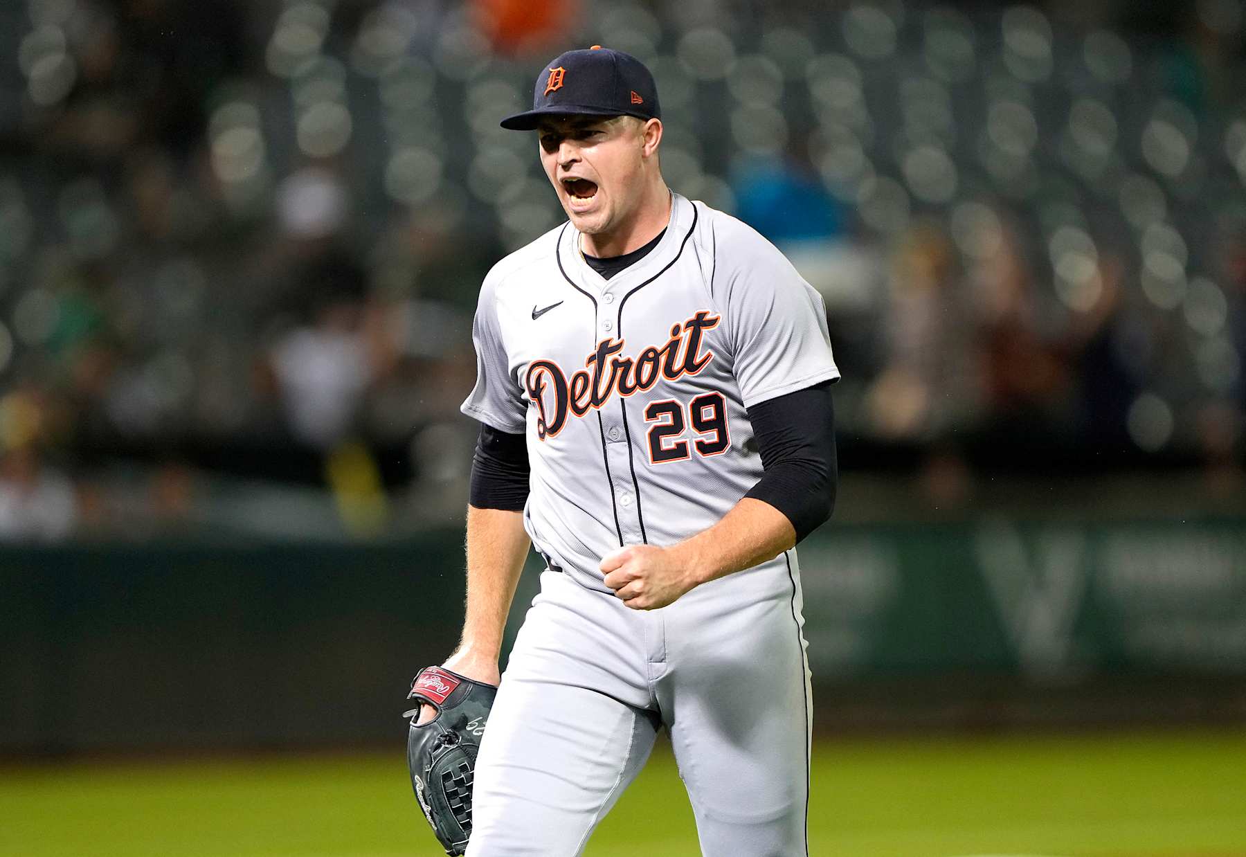 OAKLAND, CALIFORNIA - SEPTEMBER 06: Tarik Skubal #29 of the Detroit Tigers reacts after striking out Tyler Nevin #26 of the Oakland Athletics to end the fourth inning at the Oakland Coliseum on September 6, 2024 in Oakland, California. (Photo by Thearon W. Henderson/Getty Images)