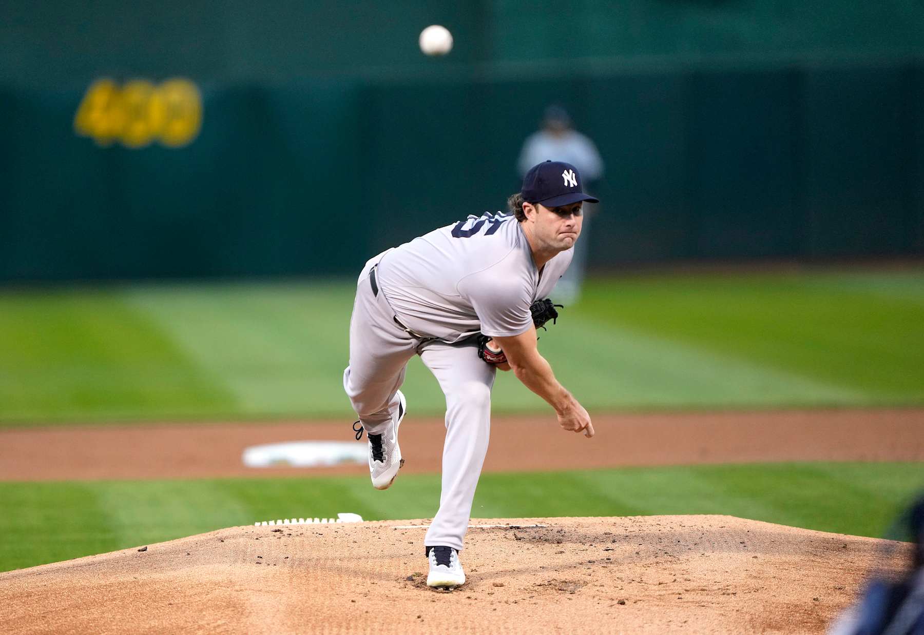 OAKLAND, CALIFORNIA - SEPTEMBER 20: Gerrit Cole #45 of the New York Yankees pitches against the Oakland Athletics in the bottom of the first inning at the Oakland Coliseum on September 20, 2024 in Oakland, California. (Photo by Thearon W. Henderson/Getty Images)