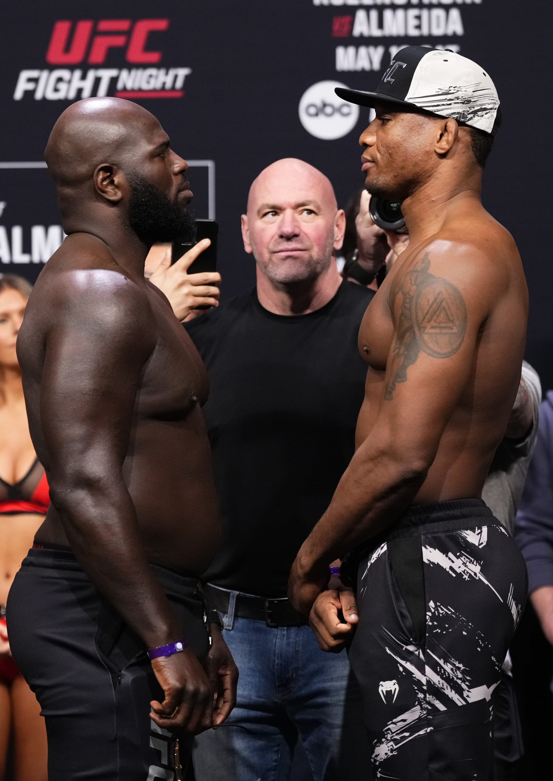 CHARLOTTE, NORTH CAROLINA - MAY 12: (L-R) Opponents Jairzinho Rozenstruik of Suriname and Jailton Almeida of Brazil face off during the UFC Fight Night ceremonial weigh-in at Spectrum Center on May 12, 2023 in Charlotte, North Carolina. (Photo by Jeff Bottari/Zuffa LLC via Getty Images)