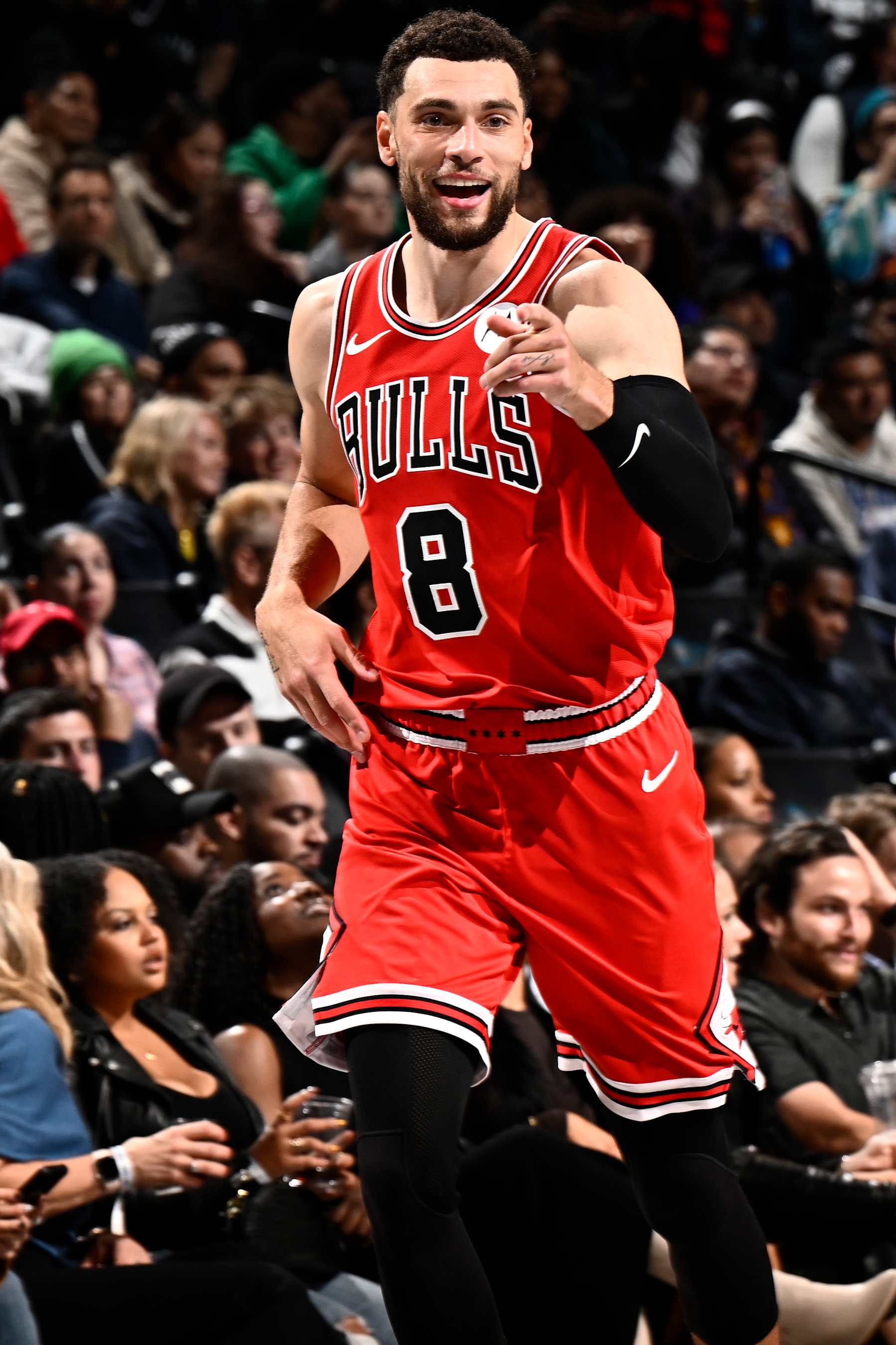 BROOKLYN, NY - NOVEMBER 26: Zach LaVine #8 of the Chicago Bulls smiles during the game against the Brooklyn Nets on November 26, 2023 at Barclays Center in Brooklyn, New York. NOTE TO USER: User expressly acknowledges and agrees that, by downloading and or using this Photograph, user is consenting to the terms and conditions of the Getty Images License Agreement. Mandatory Copyright Notice: Copyright 2023 NBAE (Photo by David Dow/NBAE via Getty Images)