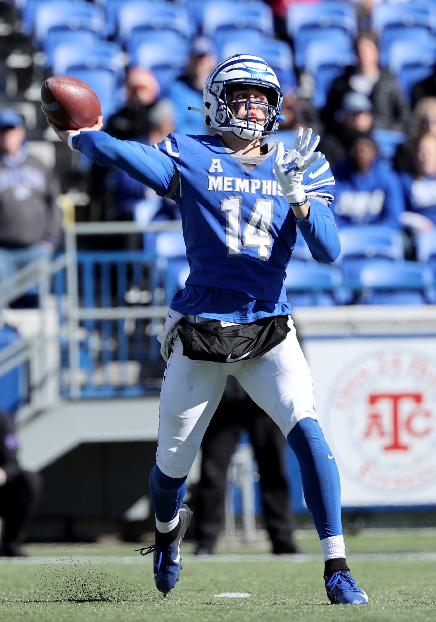 MEMPHIS, TN - NOVEMBER 13: Seth Henigan #14 of the Memphis Tigers passes the ball against the East Carolina Pirates on November 13, 2021 at Liberty Bowl Memorial Stadium in Memphis, Tennessee. (Photo by Joe Murphy/Getty Images)