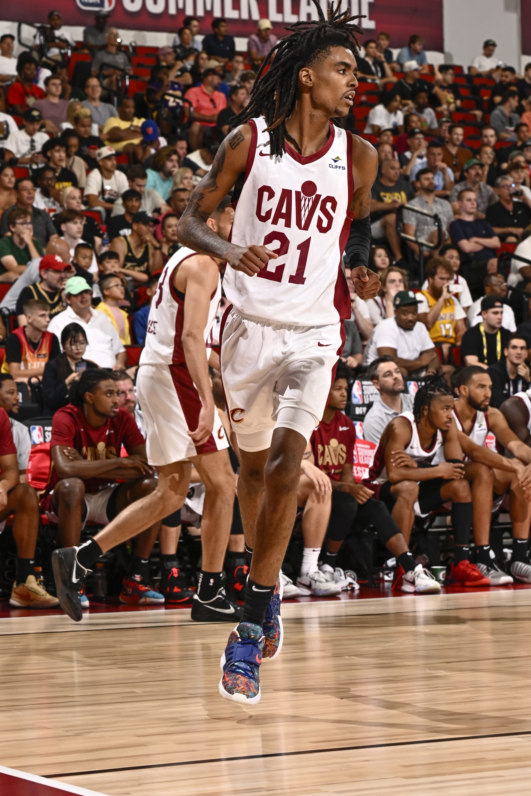 LAS VEGAS, NV - JULY 9:  Emoni Bates #21 of the Cleveland Cavaliers looks on during the game during the 2023 NBA Las Vegas Summer League on July 9, 2023 at the The Cox Pavillion  in Las Vegas, Nevada. NOTE TO USER: User expressly acknowledges and agrees that, by downloading and or using this Photograph, User is consenting to the terms and conditions of the Getty Images License Agreement. Mandatory Copyright Notice: Copyright 2023 NBAE (Photo by David Dow/NBAE via Getty Images)