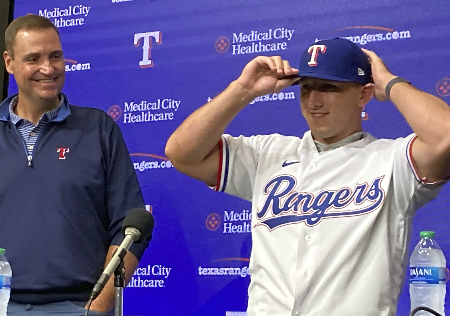 Wyatt Langford, the Florida outfielder the Texas Rangers drafted fourth overall on July 9, is introduced Tuesday at Globe Life Field in Arlington, Texas. Langford's $8 million signing bonus is the largest ever for a player drafted by the Rangers. (AP Photo/Stephen Hawkins)