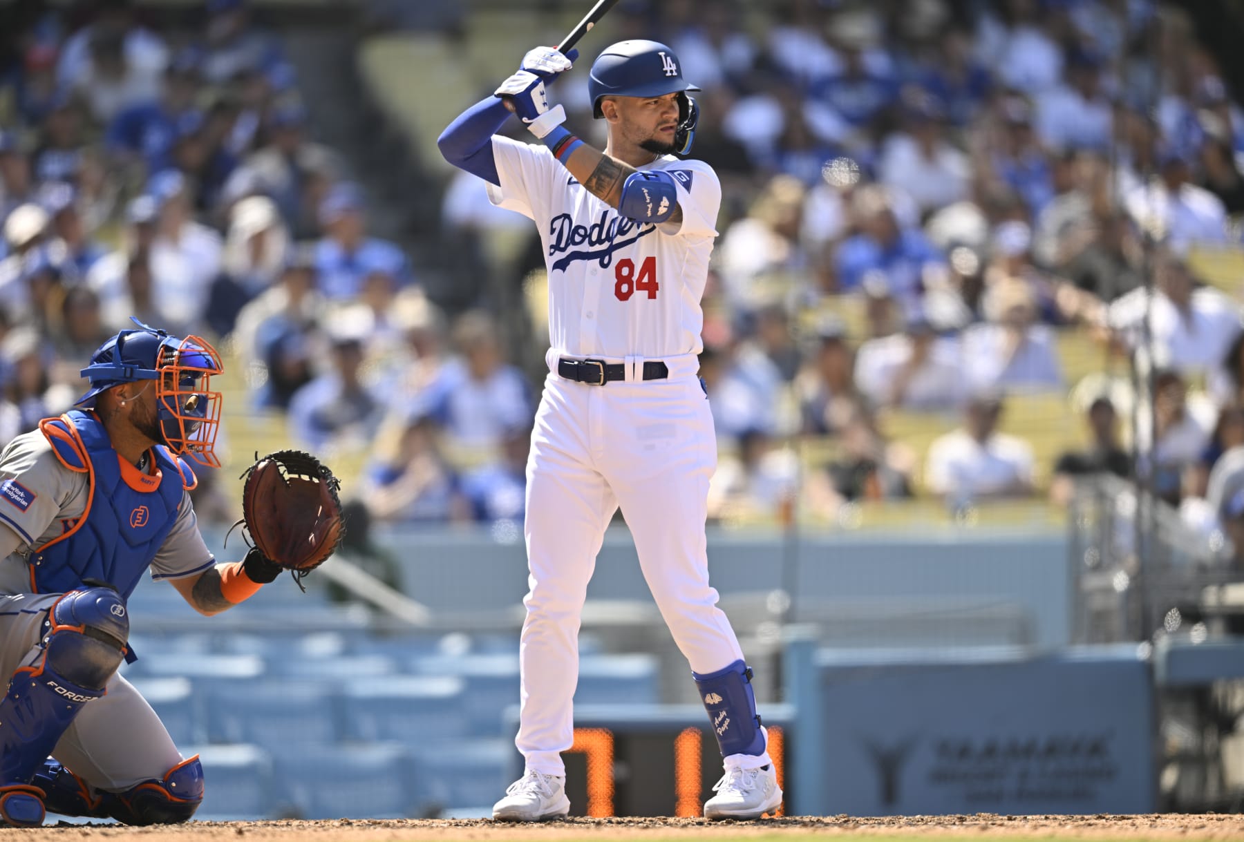 LOS ANGELES, CALIFORNIA - APRIL 20: Andy Pages #84 of the Los Angeles Dodgers at bat against the New York Mets at Dodger Stadium on April 20, 2024 in Los Angeles, California. (Photo by John McCoy/Getty Images)