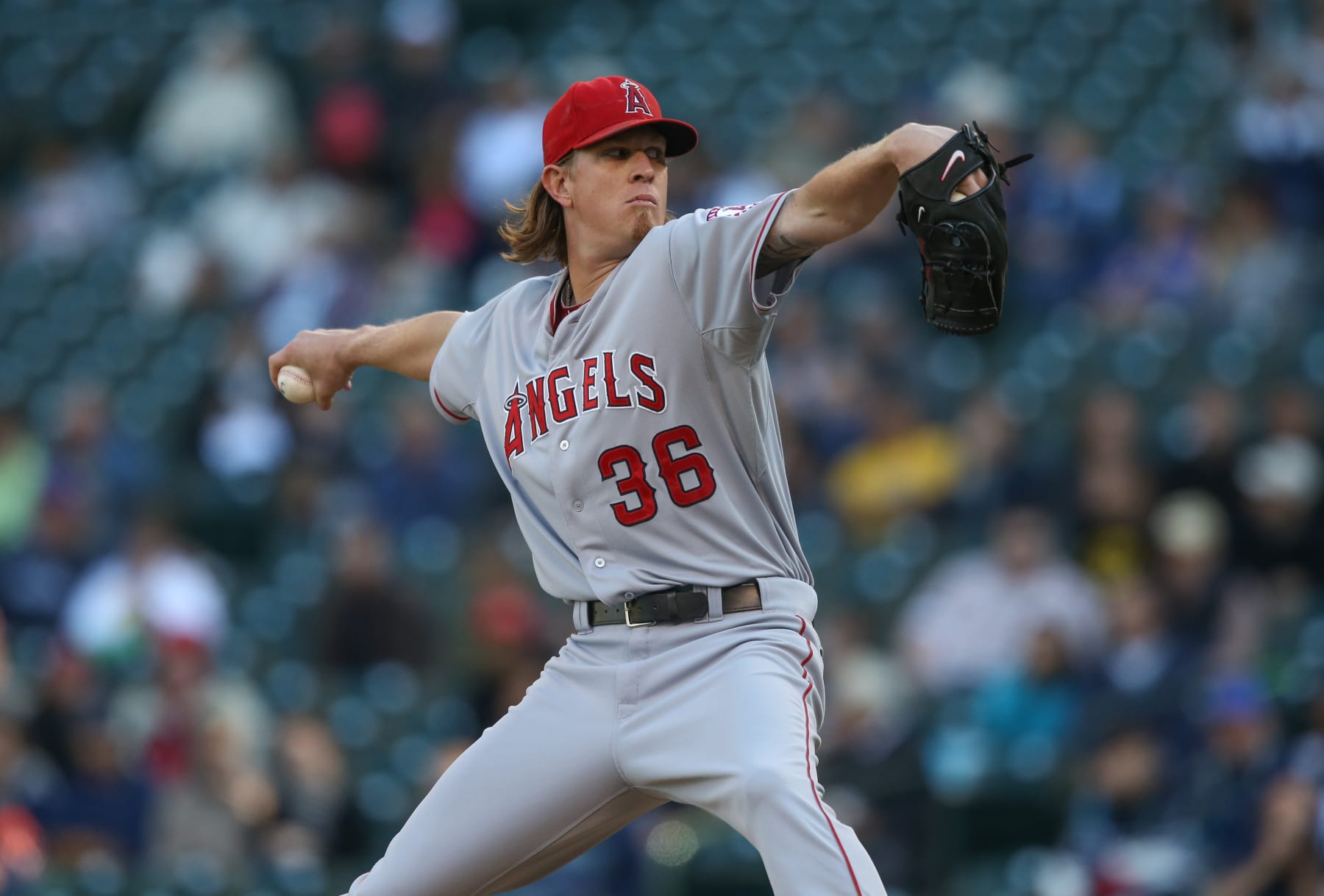 SEATTLE, WA - OCTOBER 03:  Starting pitcher Jered Weaver #36 of the Los Angeles Angels of Anaheim pitches against the Seattle Mariners at Safeco Field on October 3, 2012 in Seattle, Washington.  (Photo by Otto Greule Jr/Getty Images)